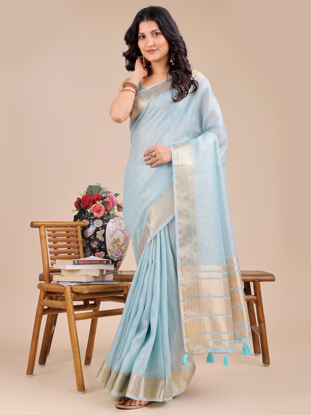Sky Blue Organza Woven Designer Traditonal Wear Saree