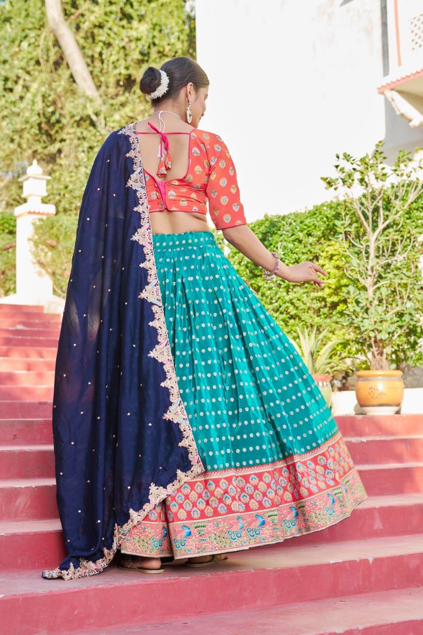 Tealblue Lehenga Choli With Viscose Position Print With Jacquard Touch Up