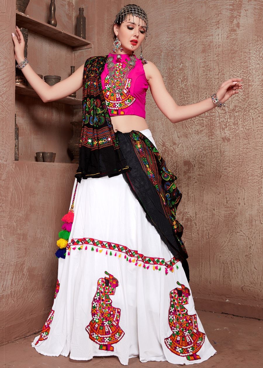 White And Pink Navratri Chaniya Choli With Gamthi Work Butta And  Tassels Lace