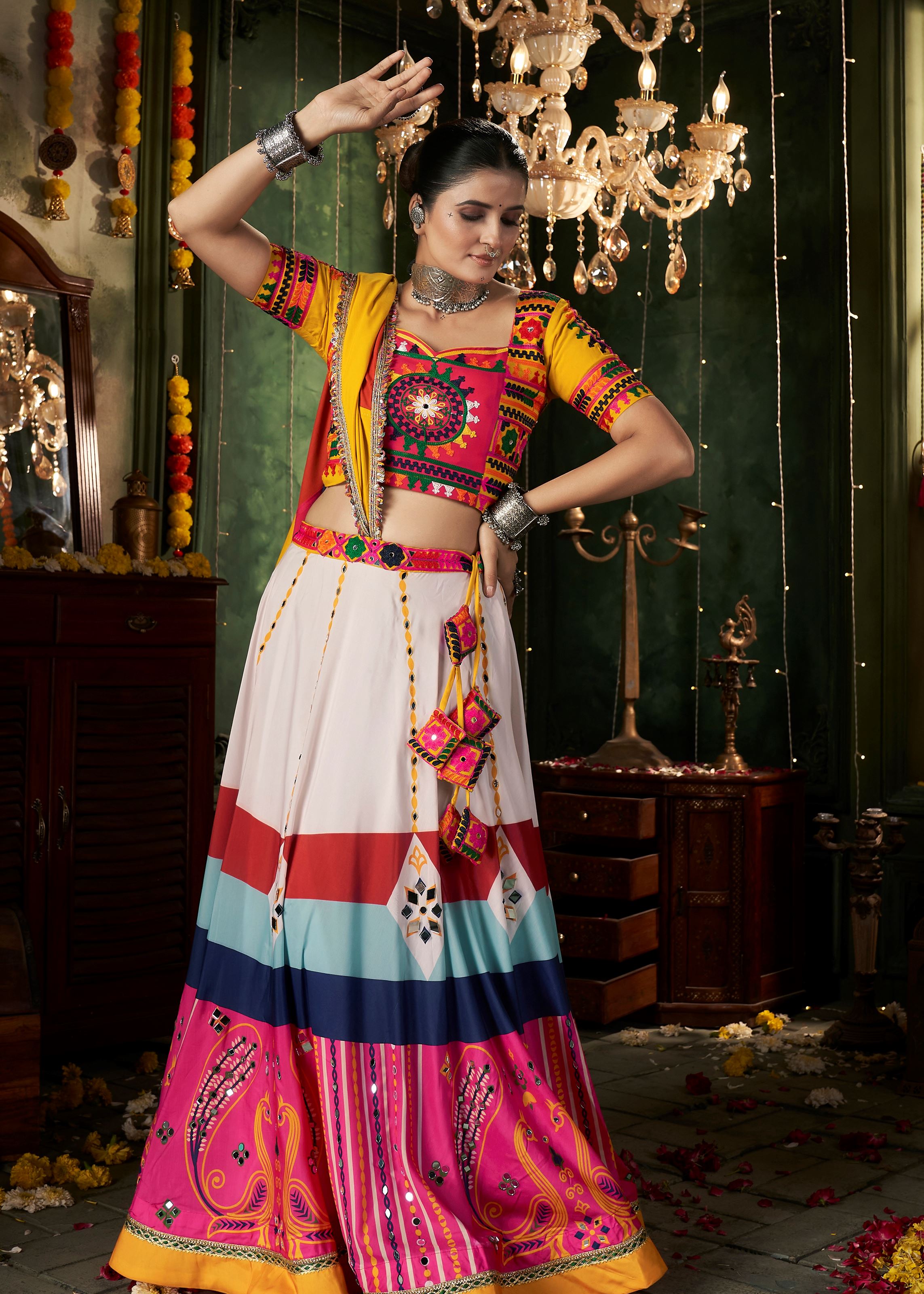White Navratri Lehenga Choli With Printed