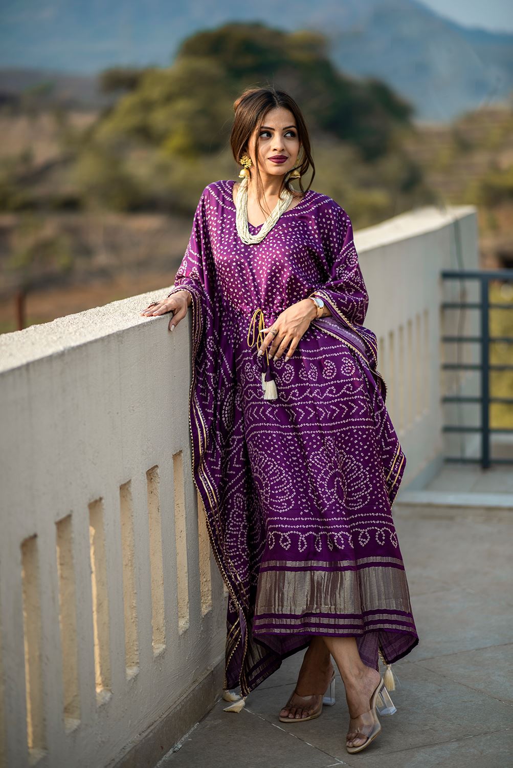 Wine Color Pure Gaji Silk Kaftan with Gotta Patti Tassels