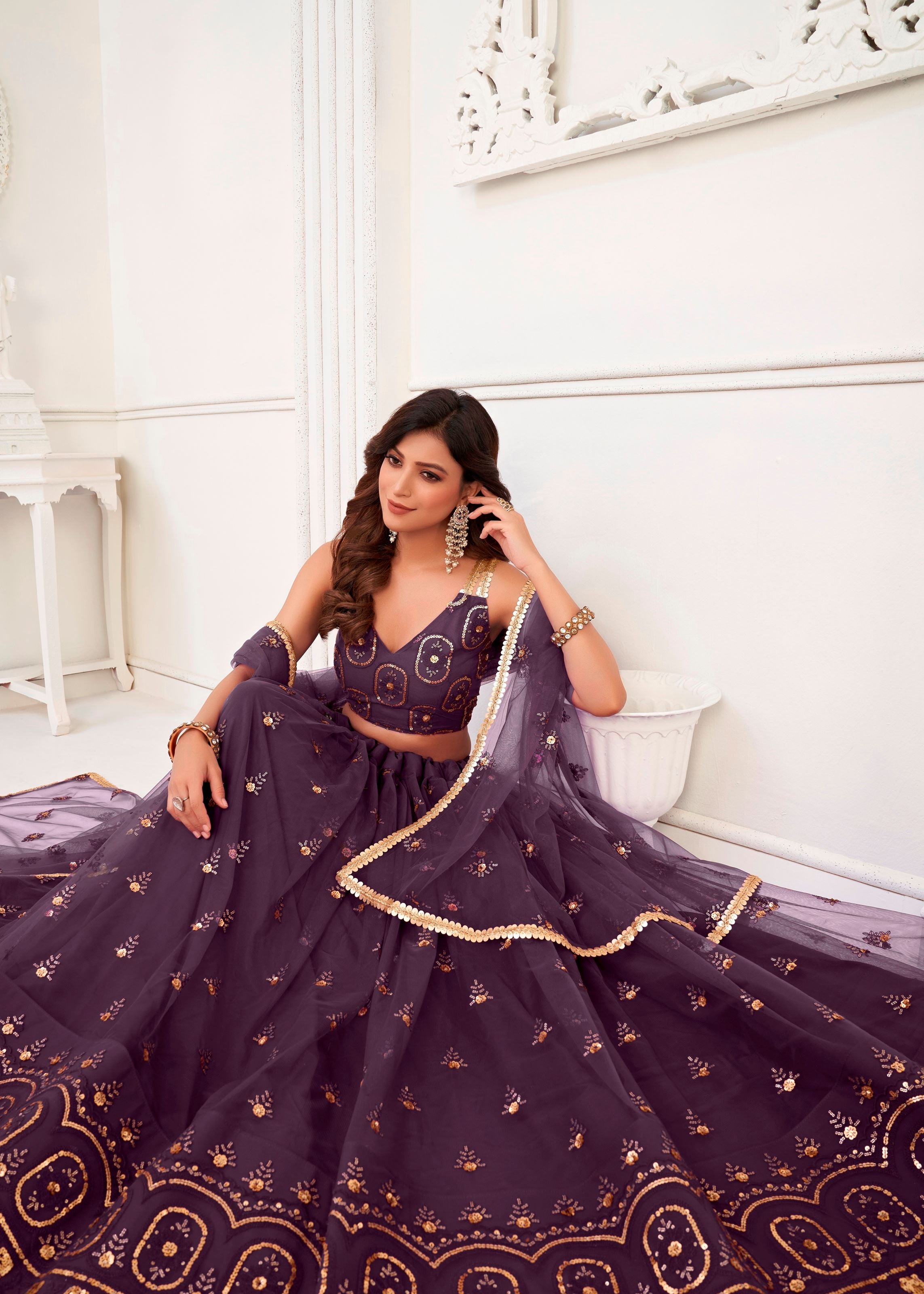 Wine Butterfly Net Lehenga Choli With  Thread And Zari Sandwich Sequence Embroidery Work
