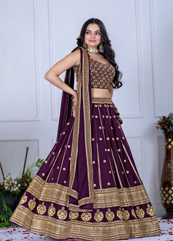 Wine Lehenga Choli With Embroidery With Thread  Sequence Work