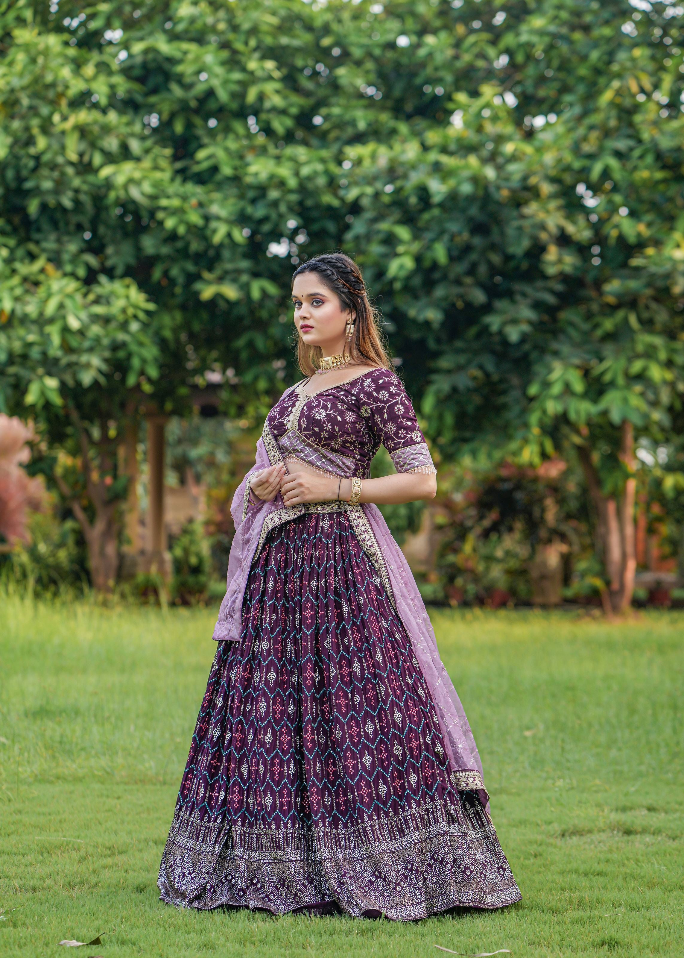 Wine Lehenga Choli With Heavy Foil Print  Embroidery Work Belt