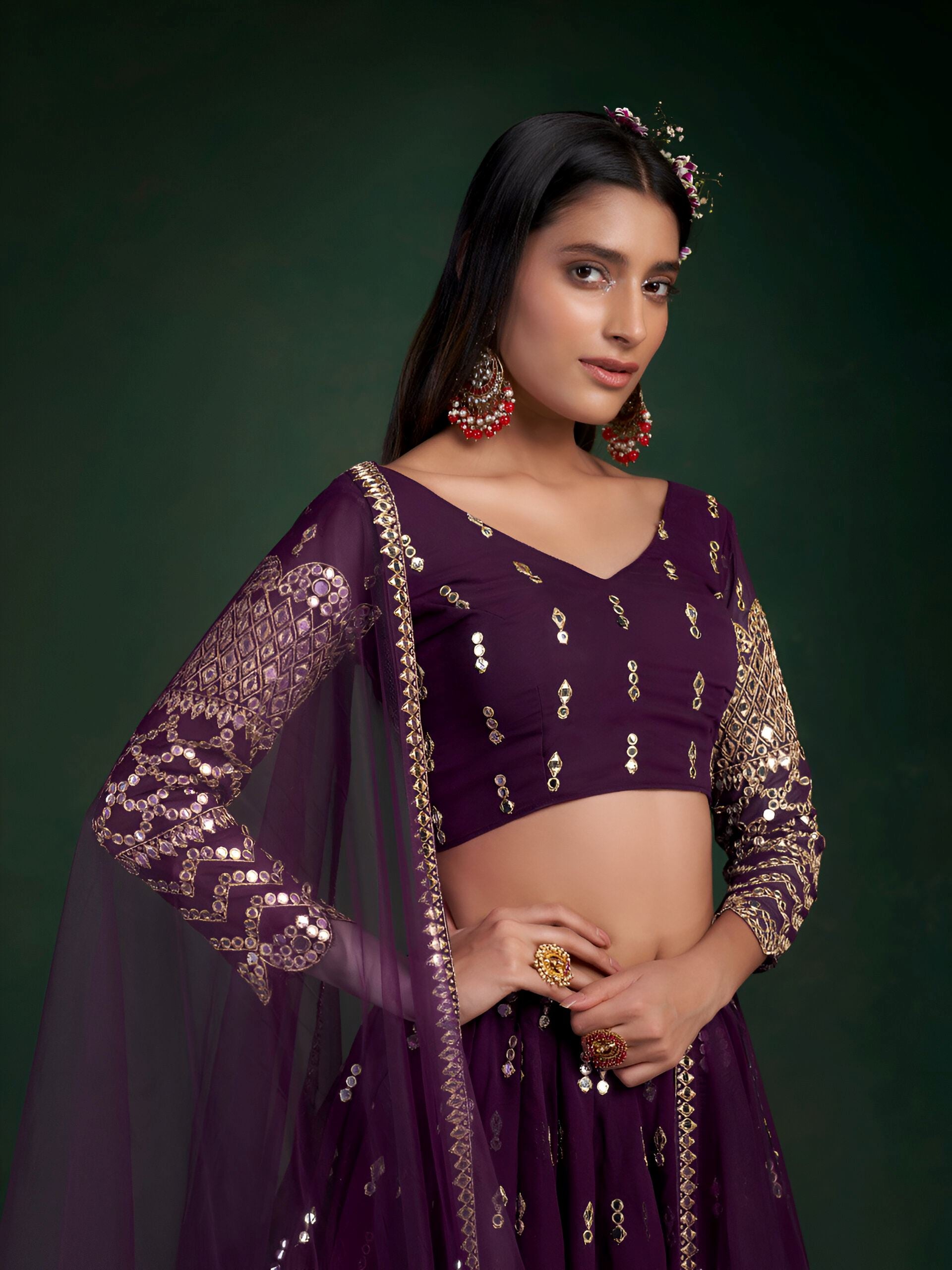 Wine Lehenga Choli with Heavy Zari Sequence Mirror work