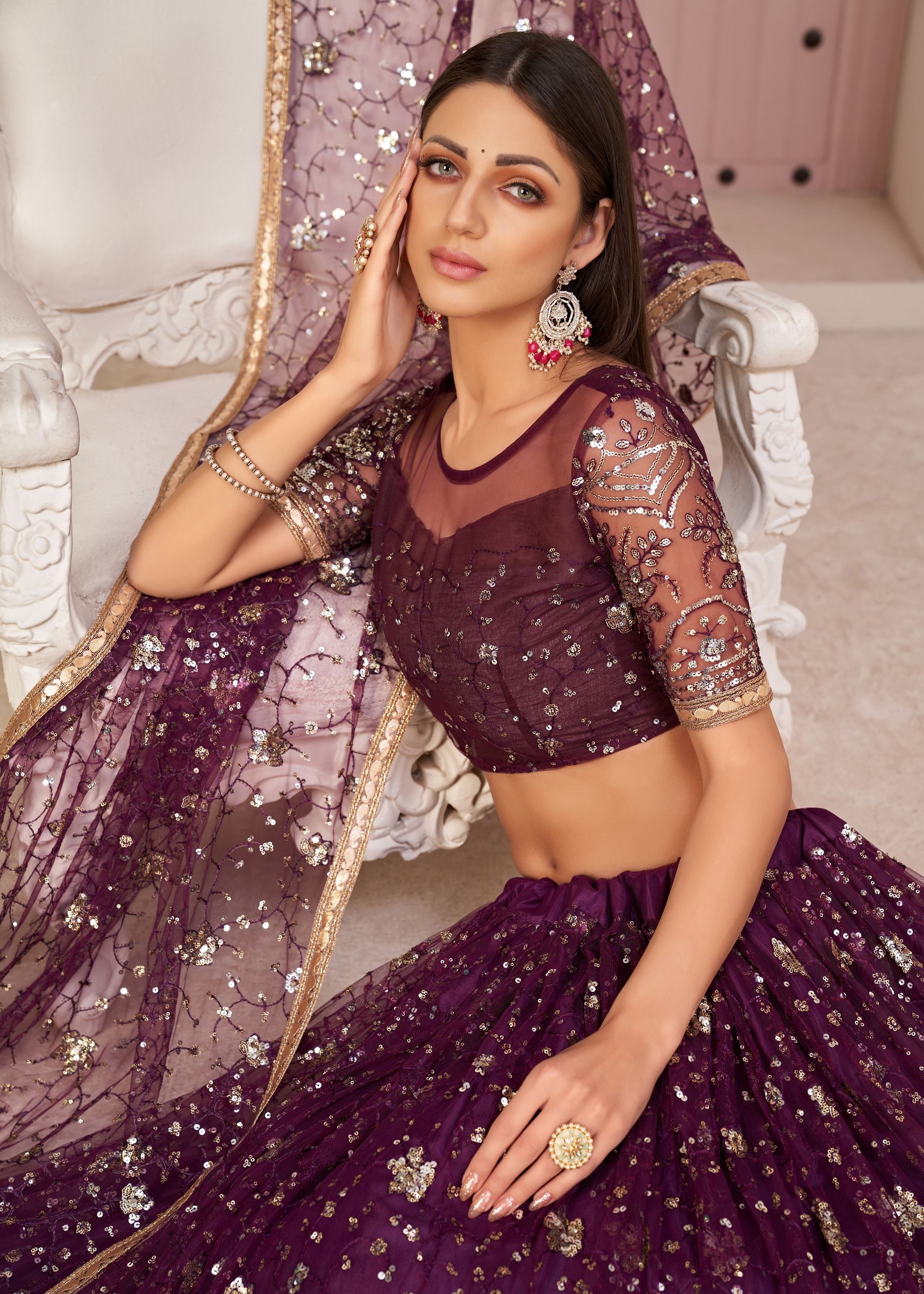 Wine Net Lehenga Choli With Thread Embroidery Work