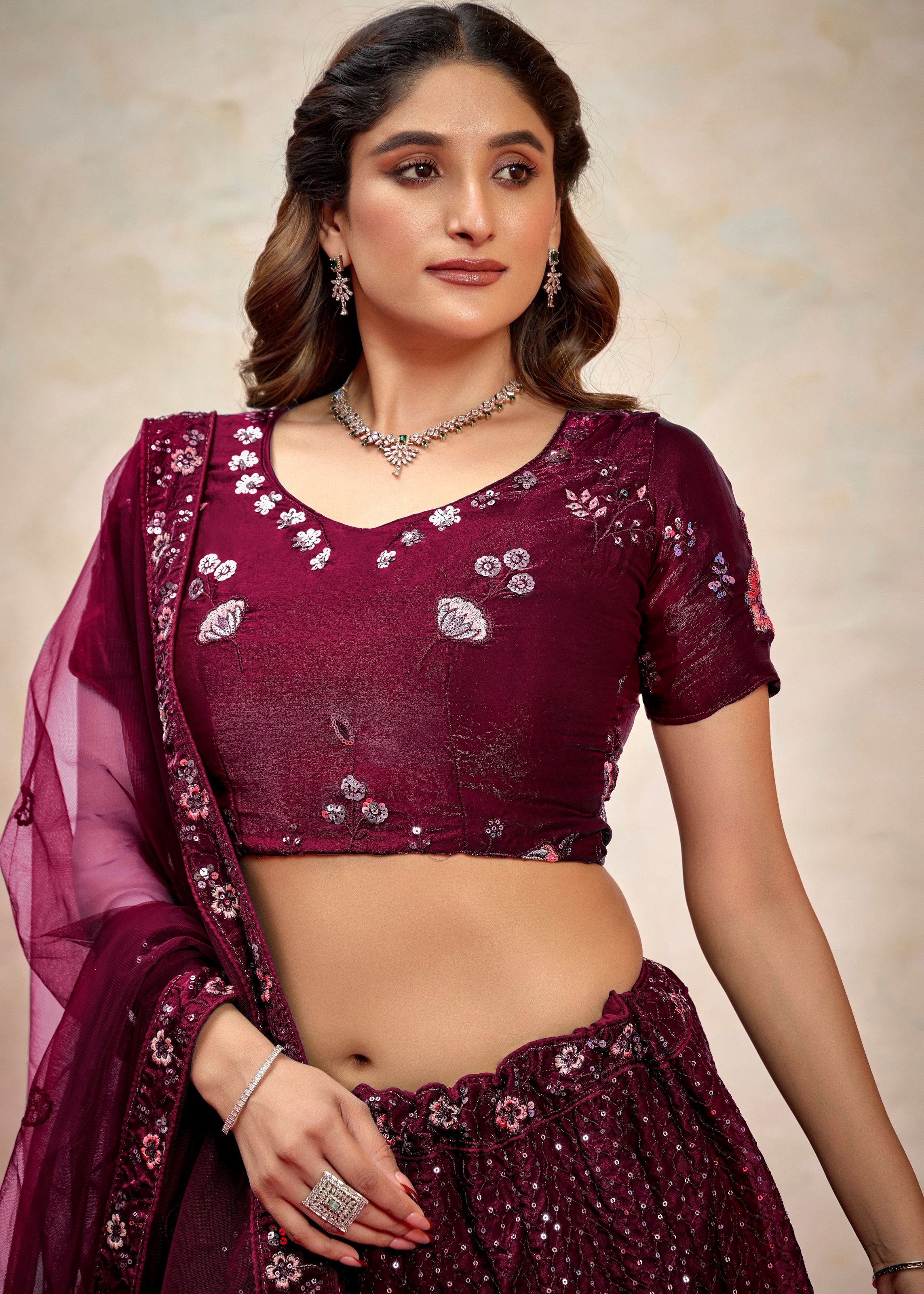 Wine Silk Lehenga with Embroidered Sequence Highlights