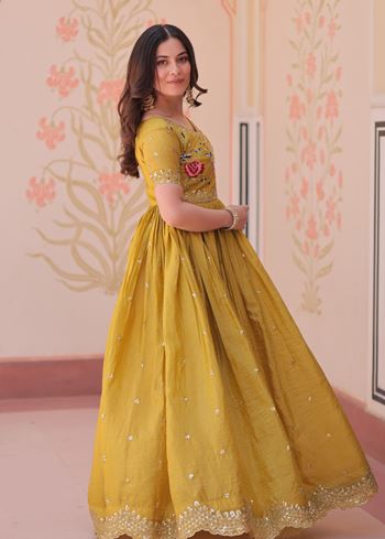Yellow Anarkali With Heavy Multi Thread Embroidery Zari Sequins-Work