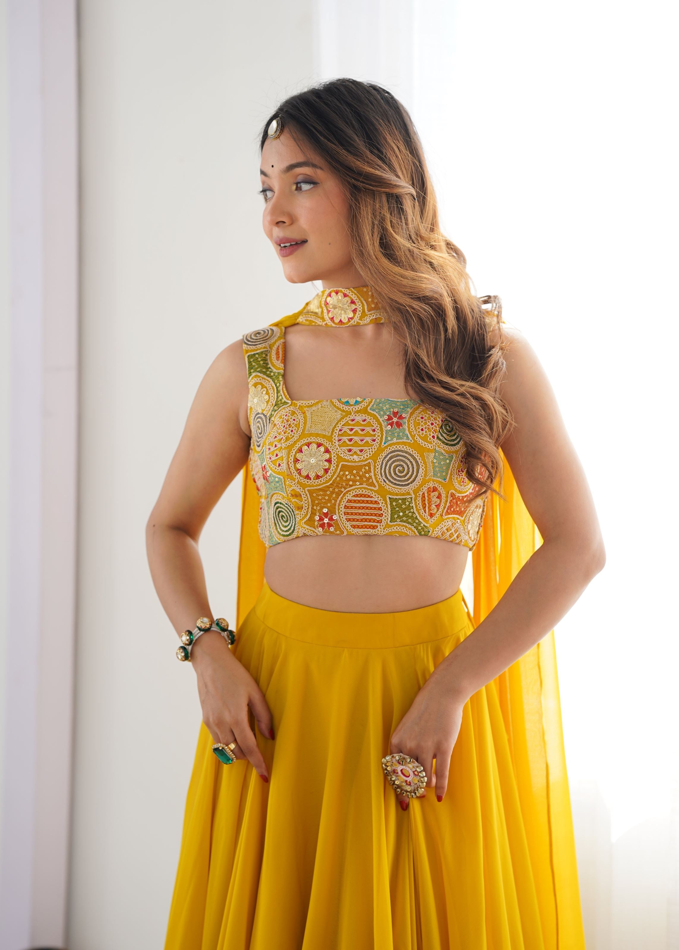 Yellow Georgette Lehenga with 9 Needle Thread  Dori Embroidery