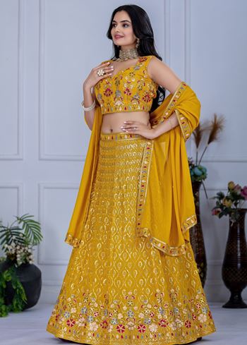 Yellow Lehenga Choli With Embroidery With Multi Thread  Sequence Work