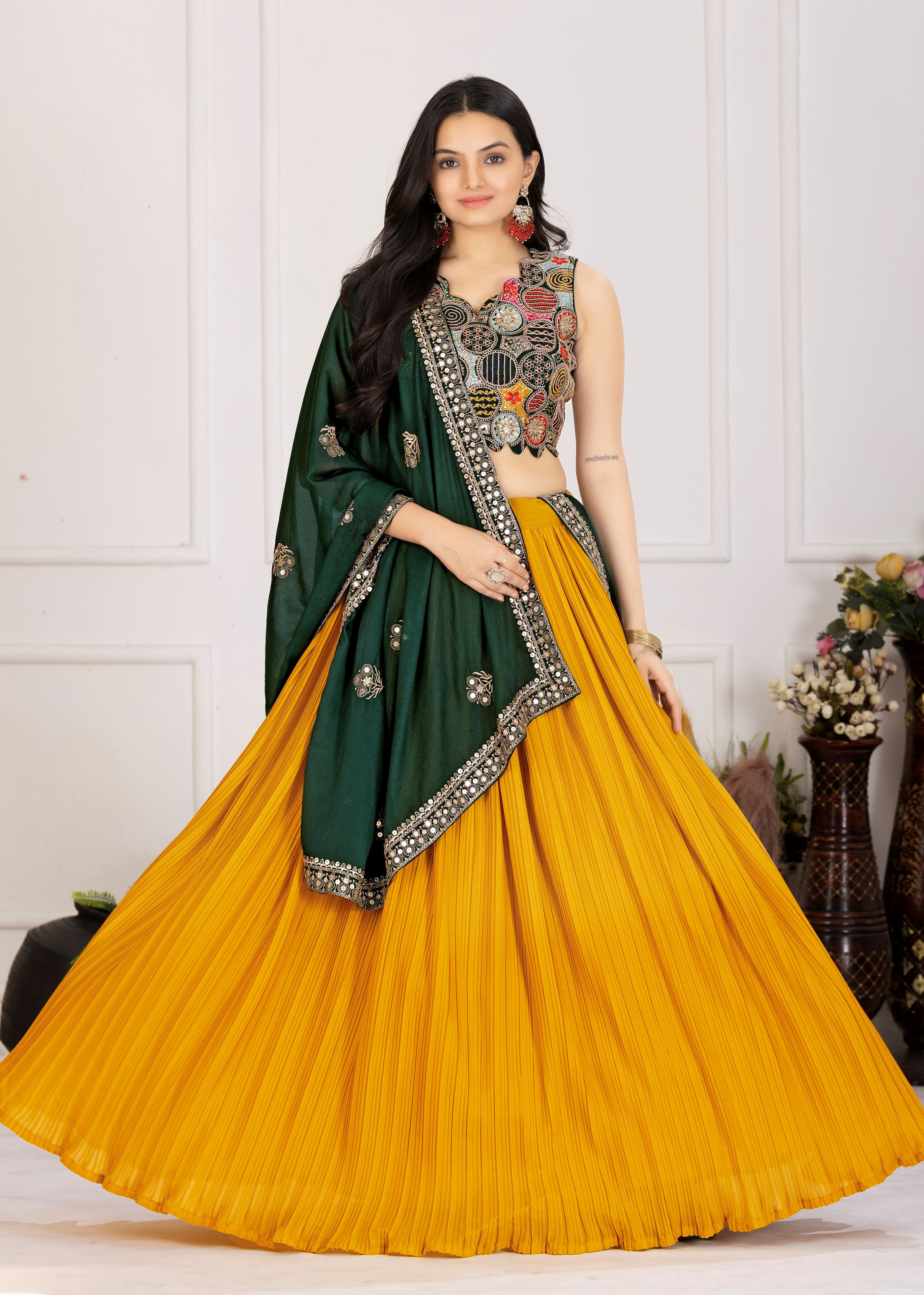 Yellow Lehenga Choli With Plain With Crease Work