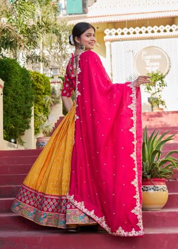 Yellow Lehenga Choli with Viscose Position Print and Jacquard Touch-Up
