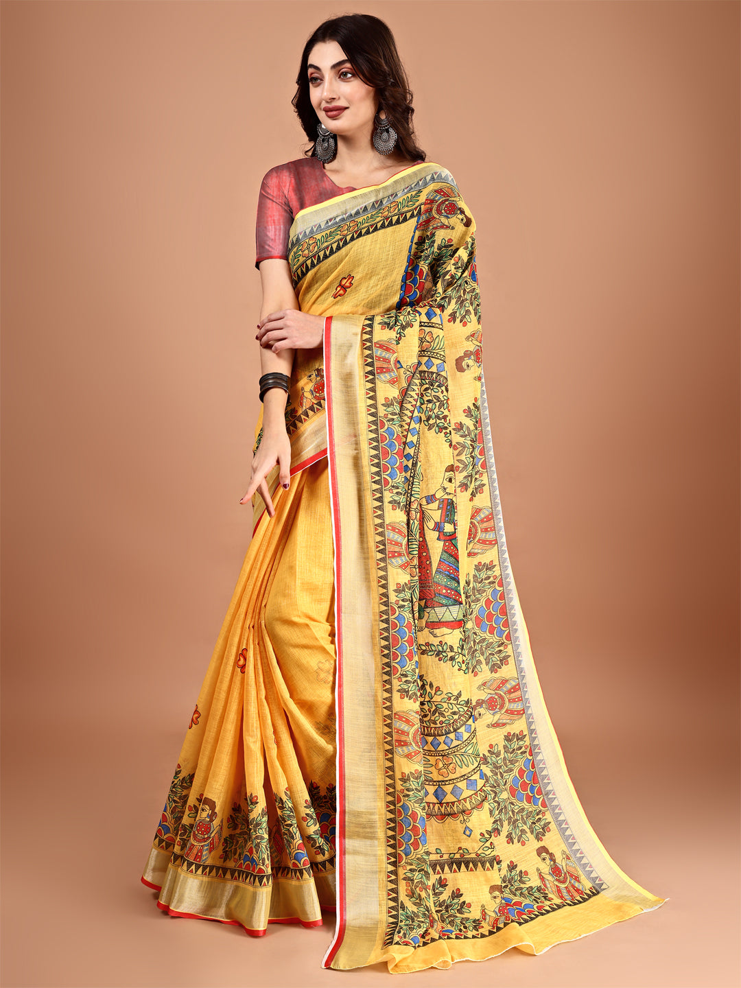 Yellow Linen Premium Printed Saree