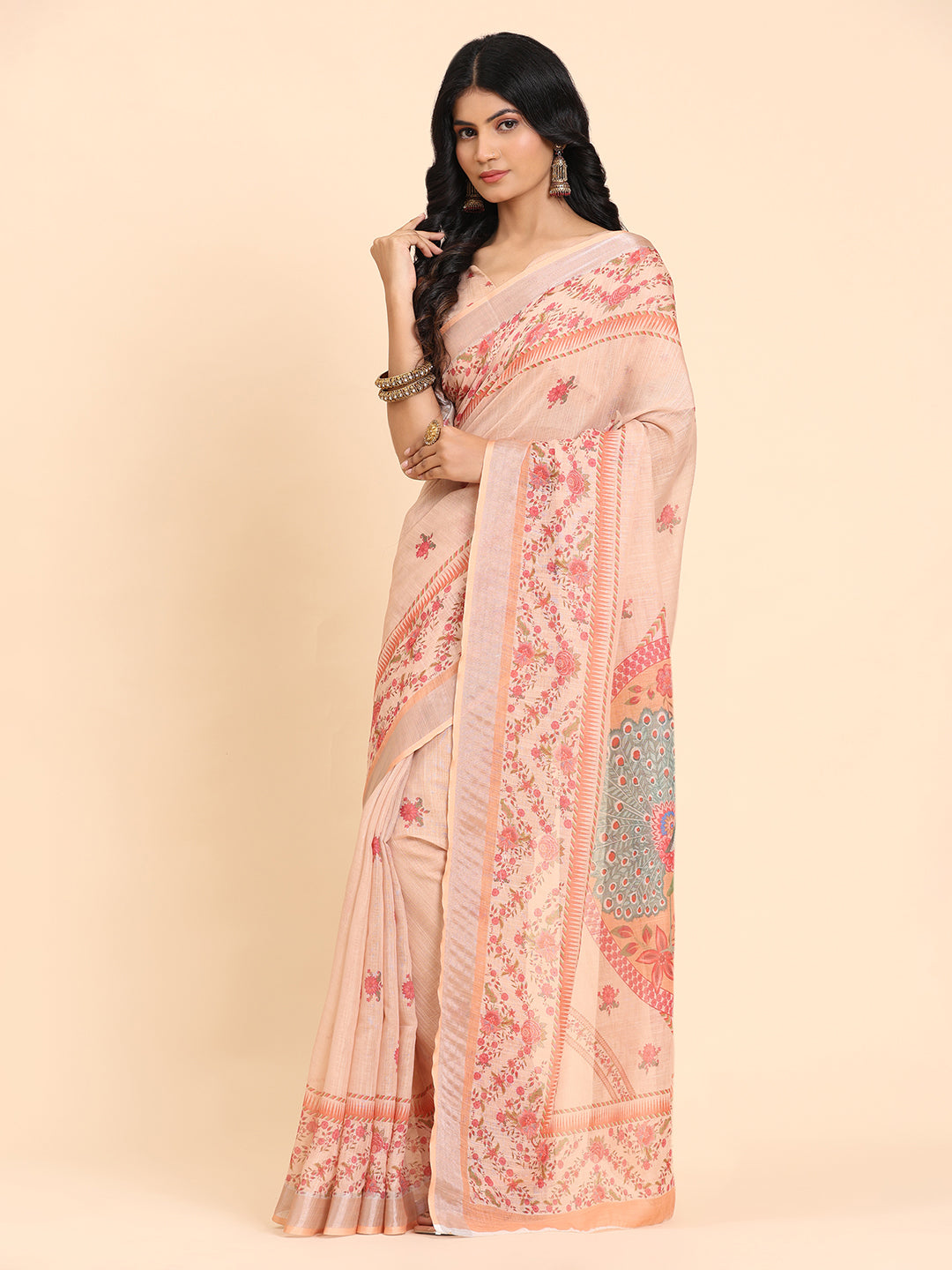 Peach Linen Soft Printed Saree For Women