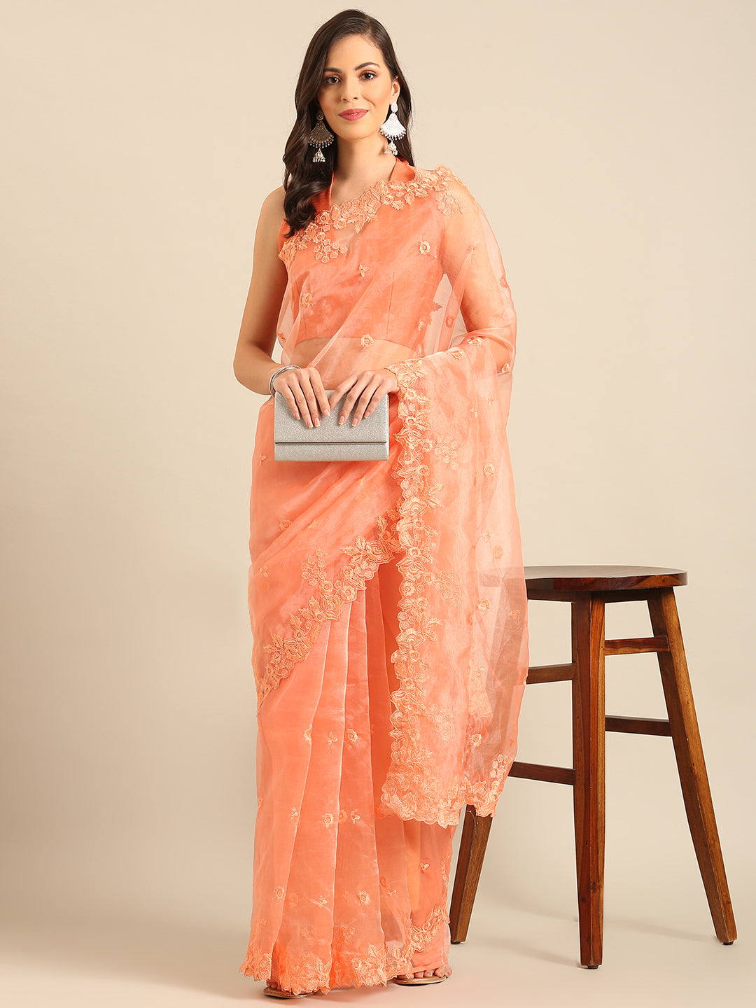 Orange Organza Party Wear Saree With Embroidery Sequins Work