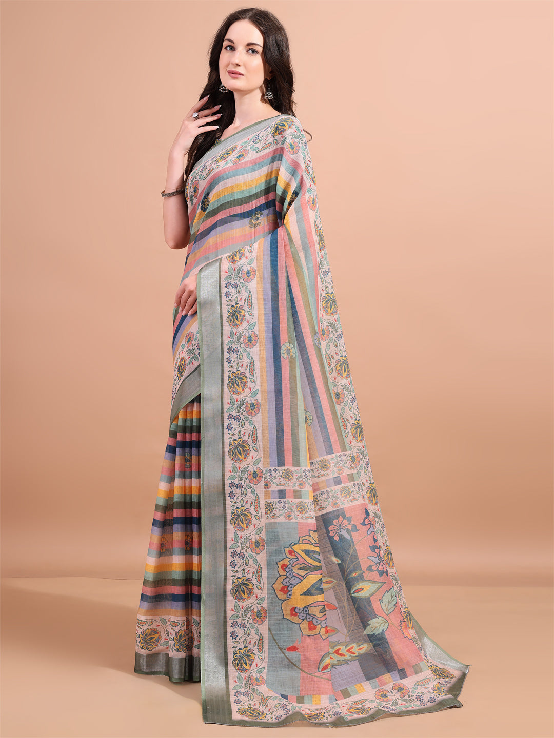 Multicolour Linen Printed Trendy Saree