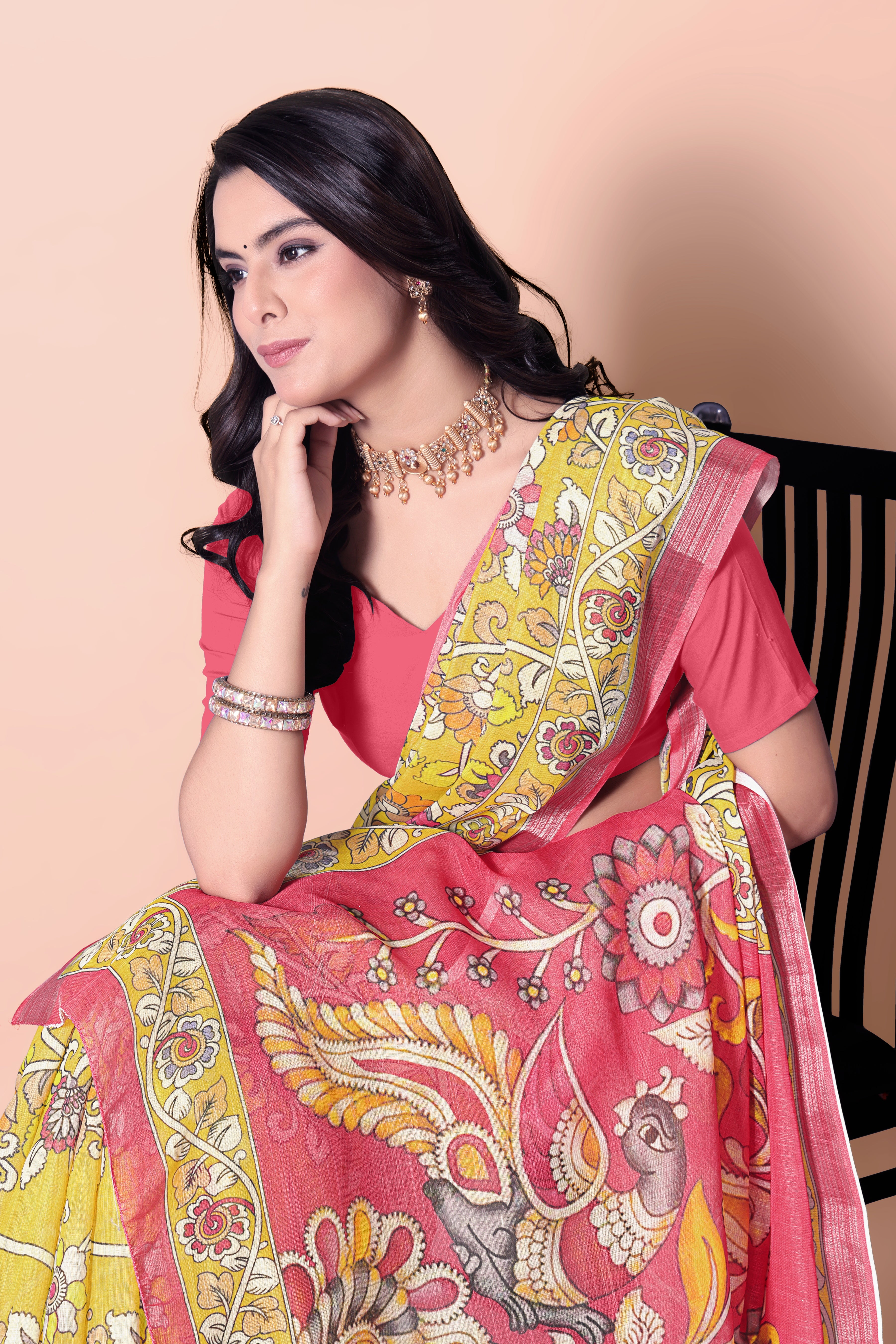 Yellow Linen Soft Printed Designer Saree