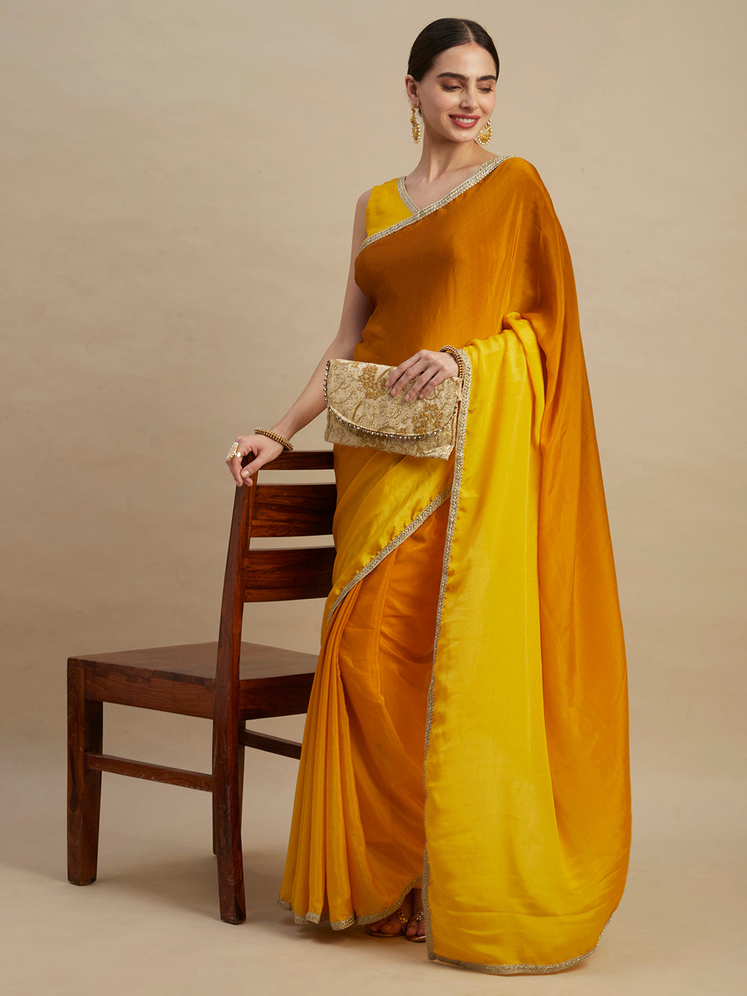 Mustard Chinon Party Wear Saree With Embroidery Sequins Work