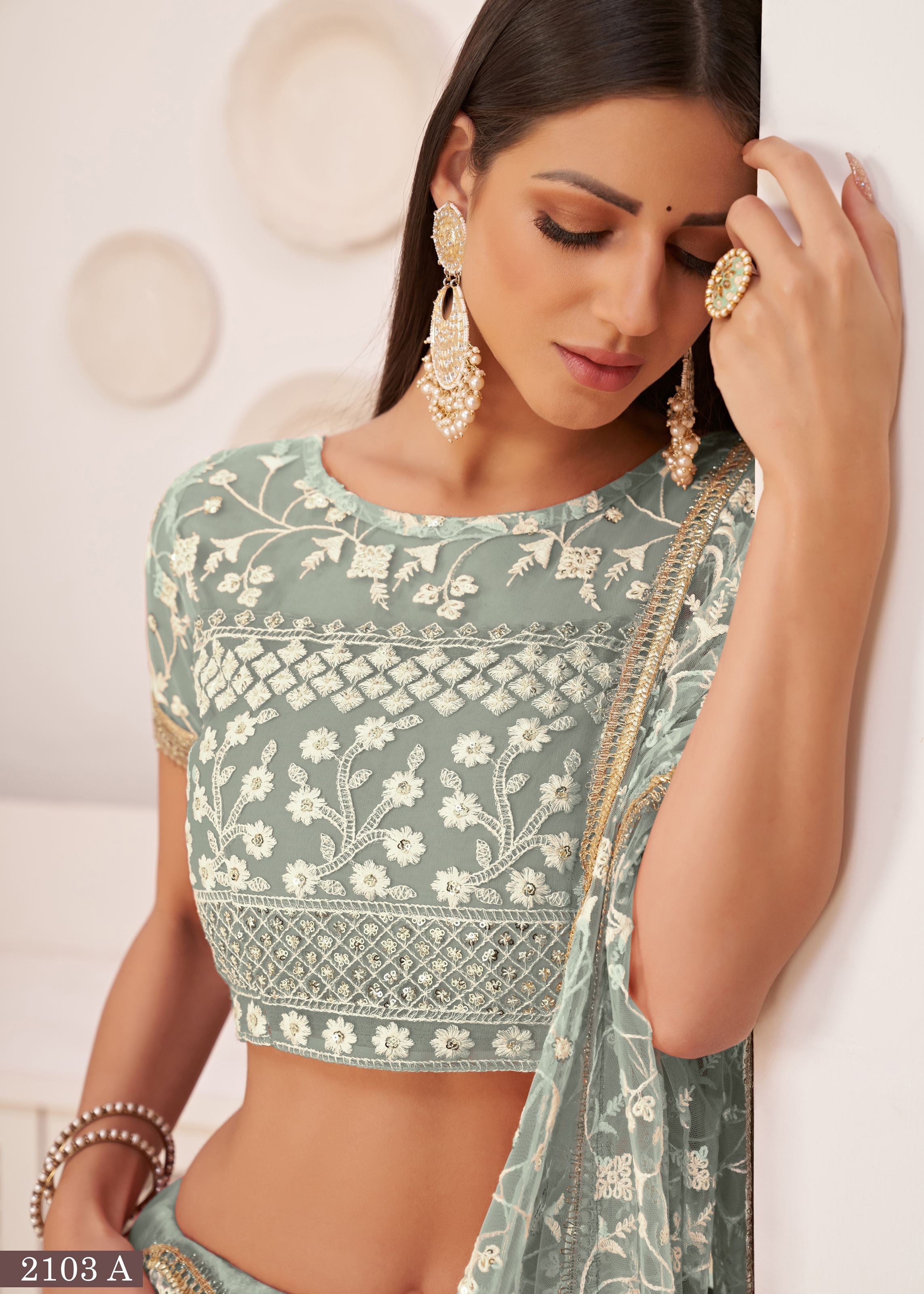 Green Net Lehenga Choli With Thread And Zari Sandwich Sequence Embroidery Work