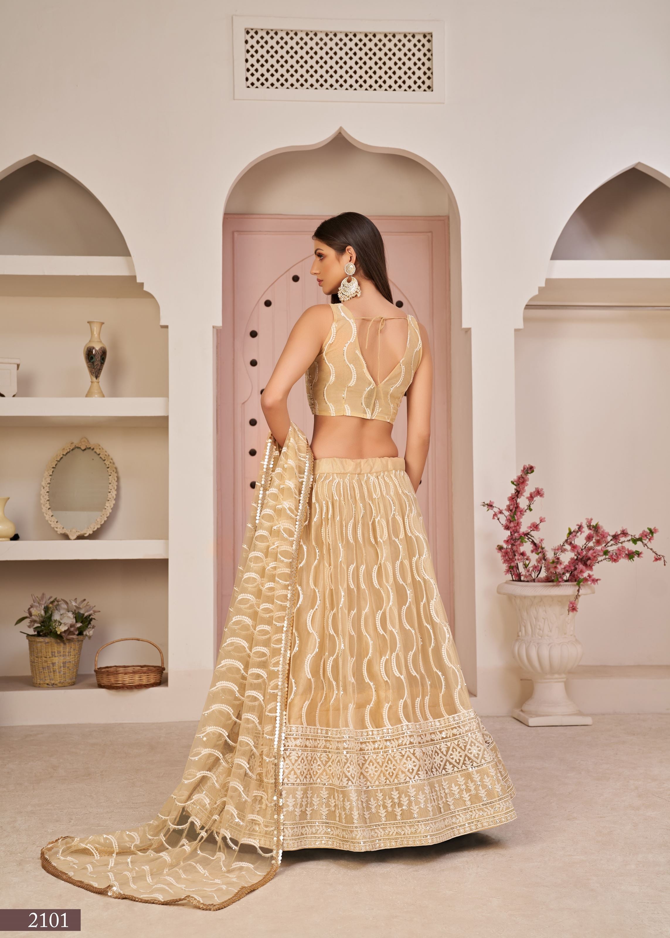 Beige Net Lehenga Choli With Thread Embroidery Work