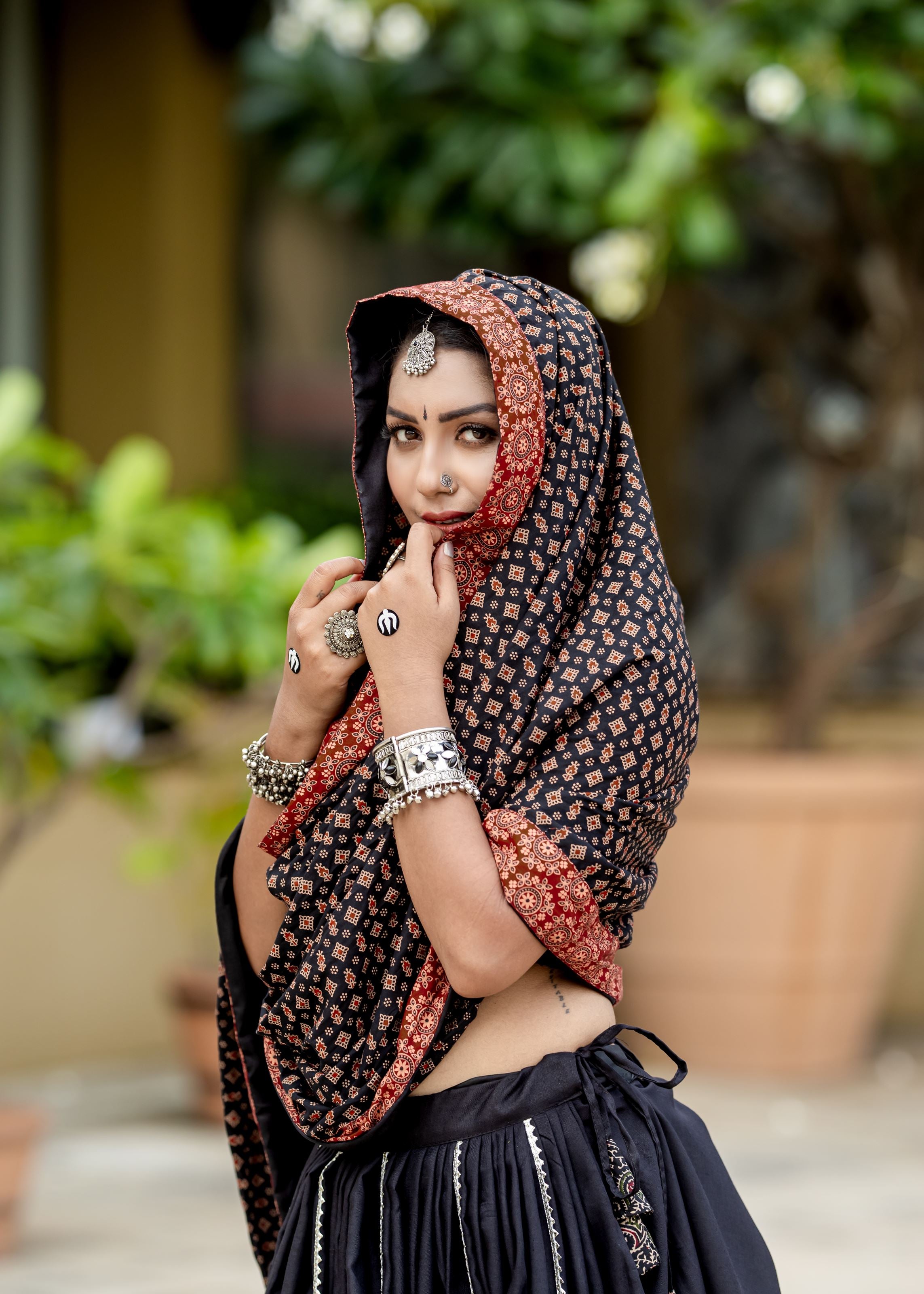 Black And Maroon Printed Navratri Chaniya Choli With Cowrie Work