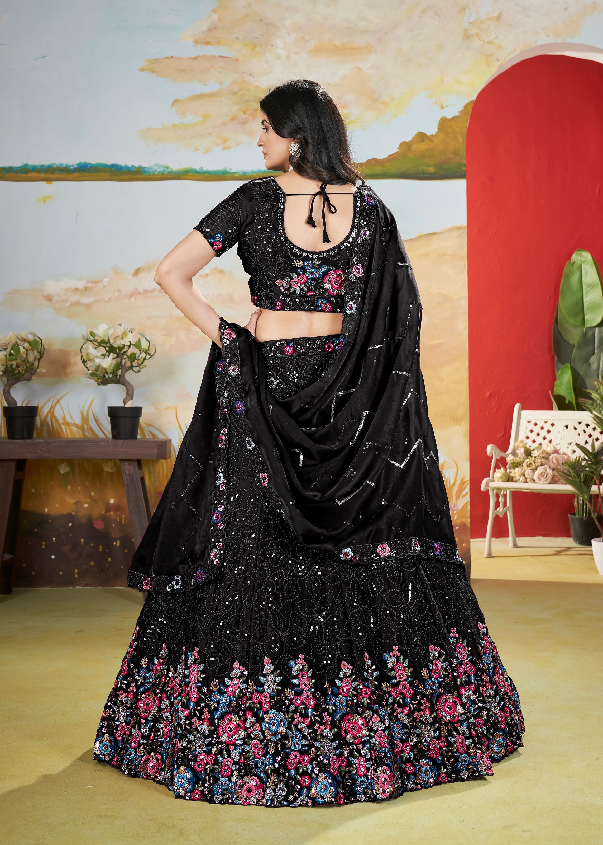 Black Chinnon Lehenga with Copper Sequins  Multi Thread Embroidery