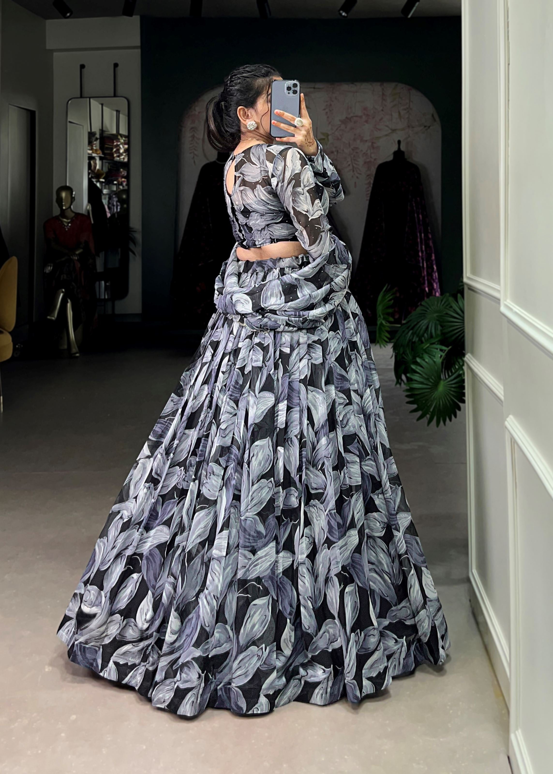 Black Elegance Printed Tabby Silk Lehenga with Hotfix Work