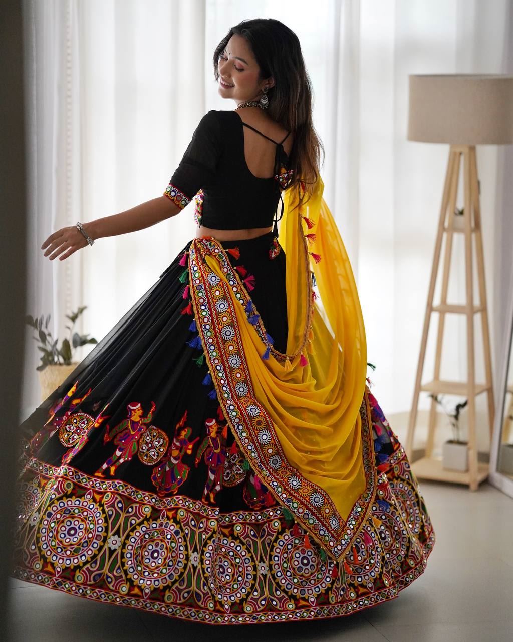 Black Lehenga Choli With Chain-Stitch Work With Original Mirror