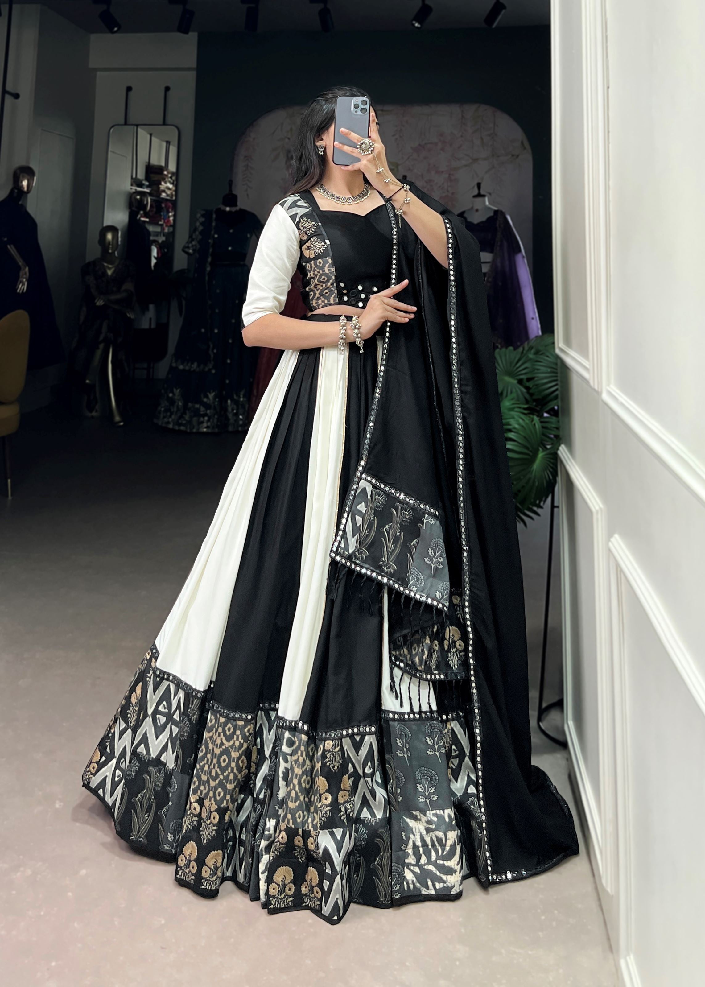Black Printed  Plain Rayon Lehenga with Mirror Lace and Gota Patti Sparkle