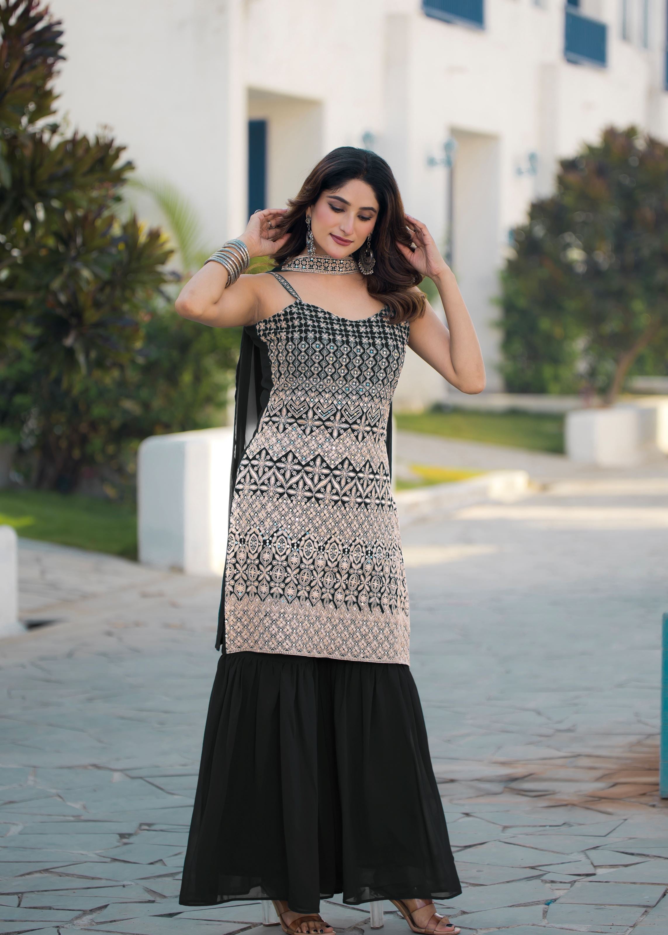 Black Sharara Dress With Sequence Embroidered