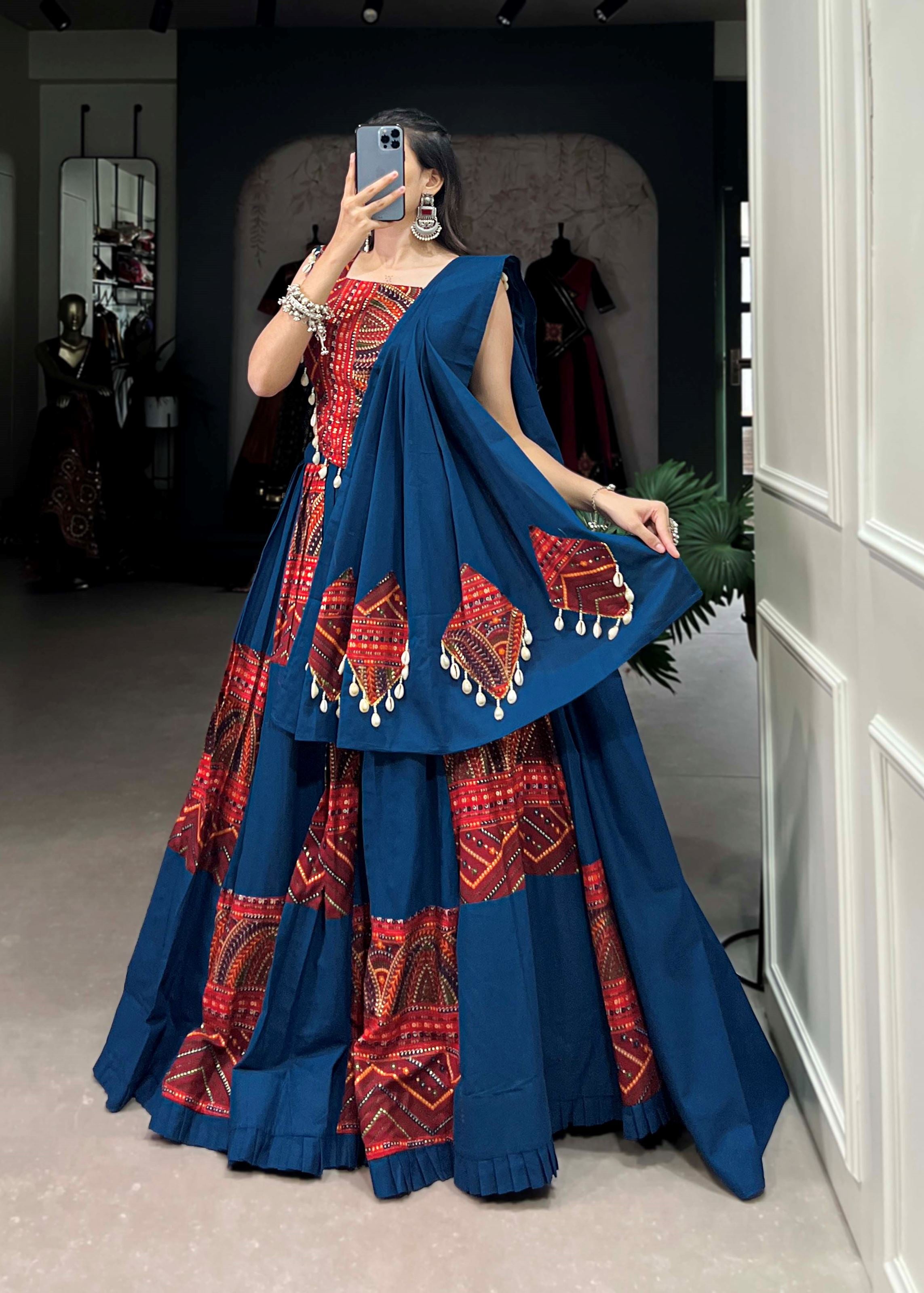 Blue-Maroon Plain  Printed Lehenga Choli with Foil Work Finish