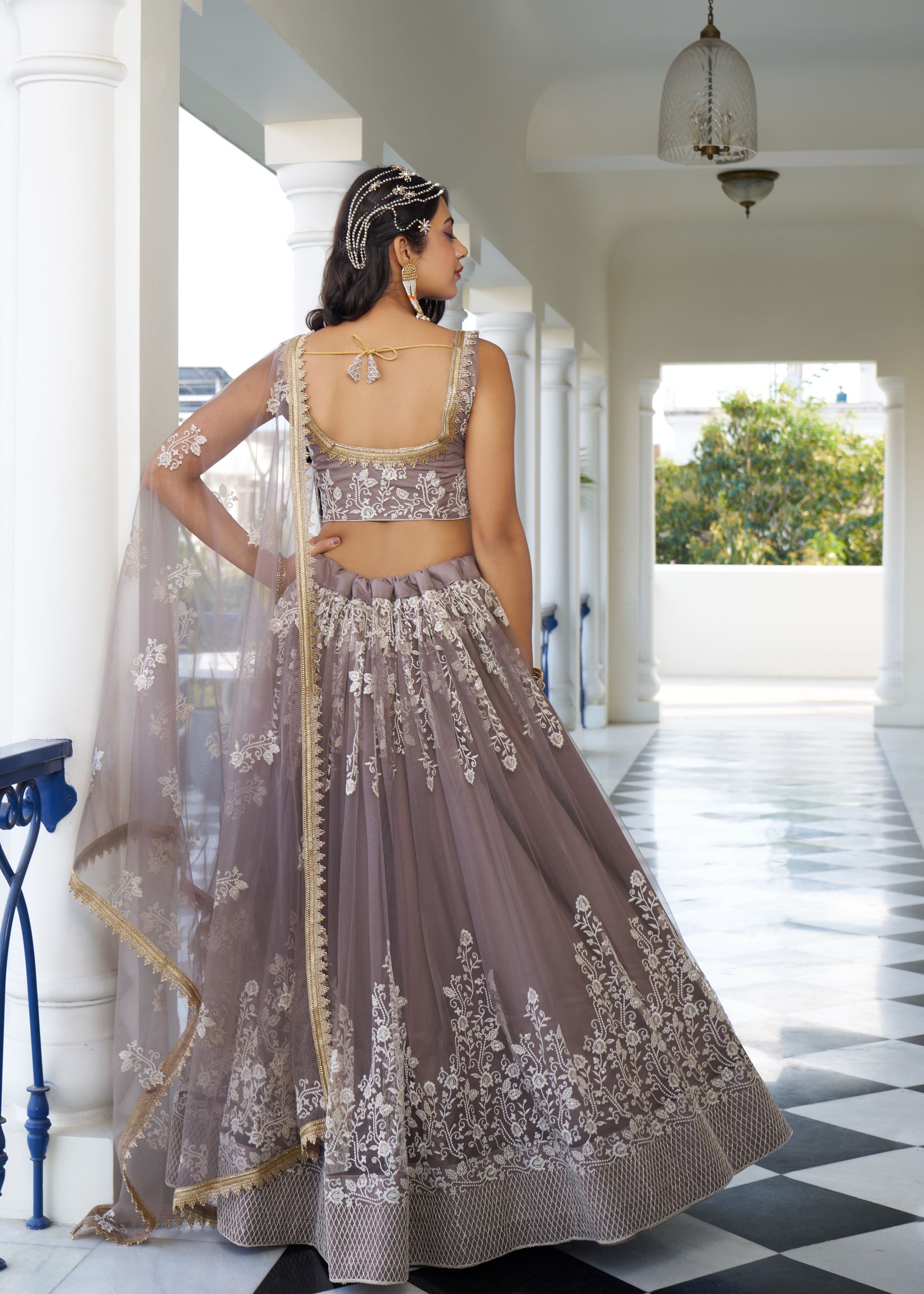 Brown Net Lehenga Choli With Thread Embroidery Work