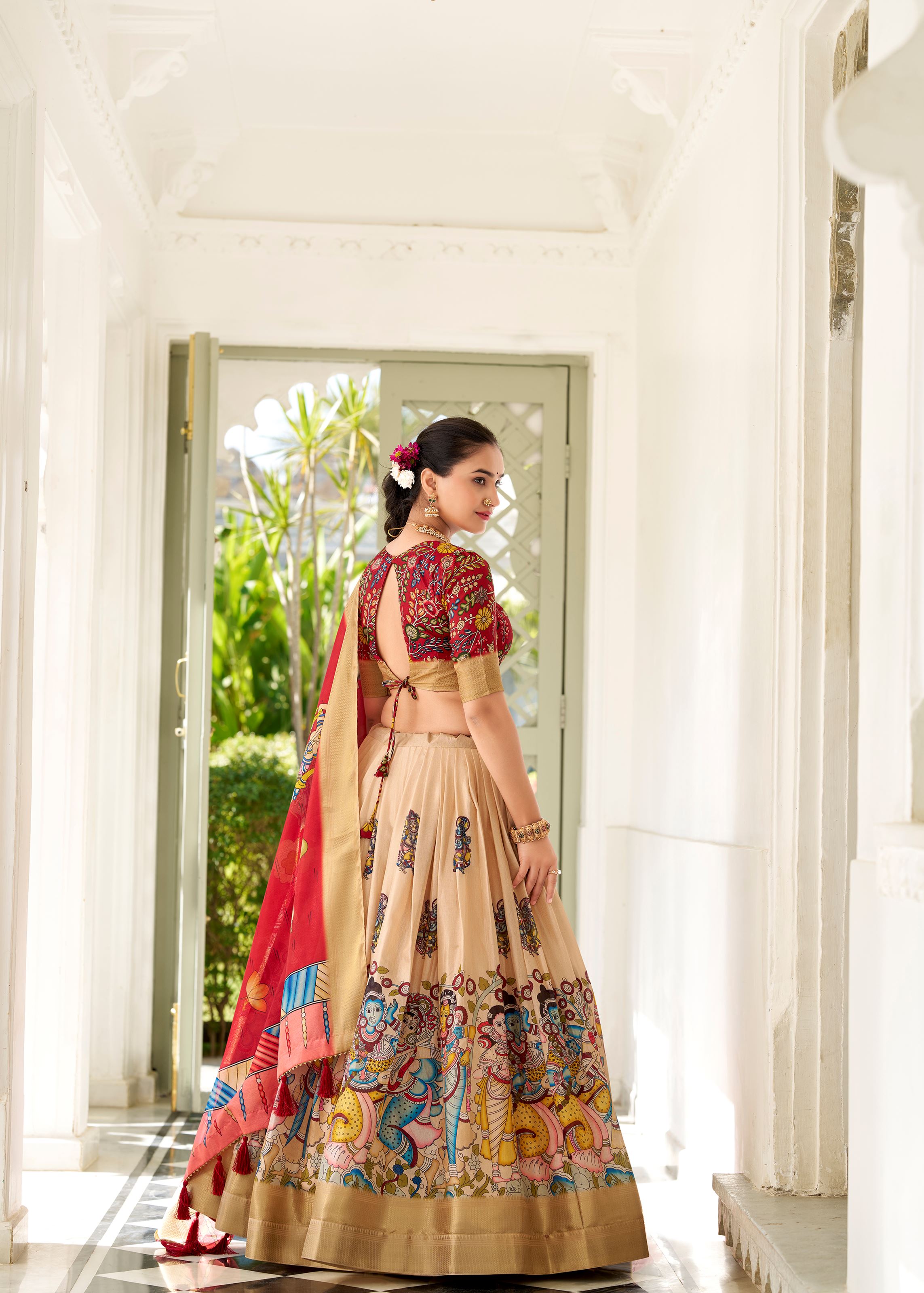 Cream  Floral Printed Georgette Lehenga with Lace Border
