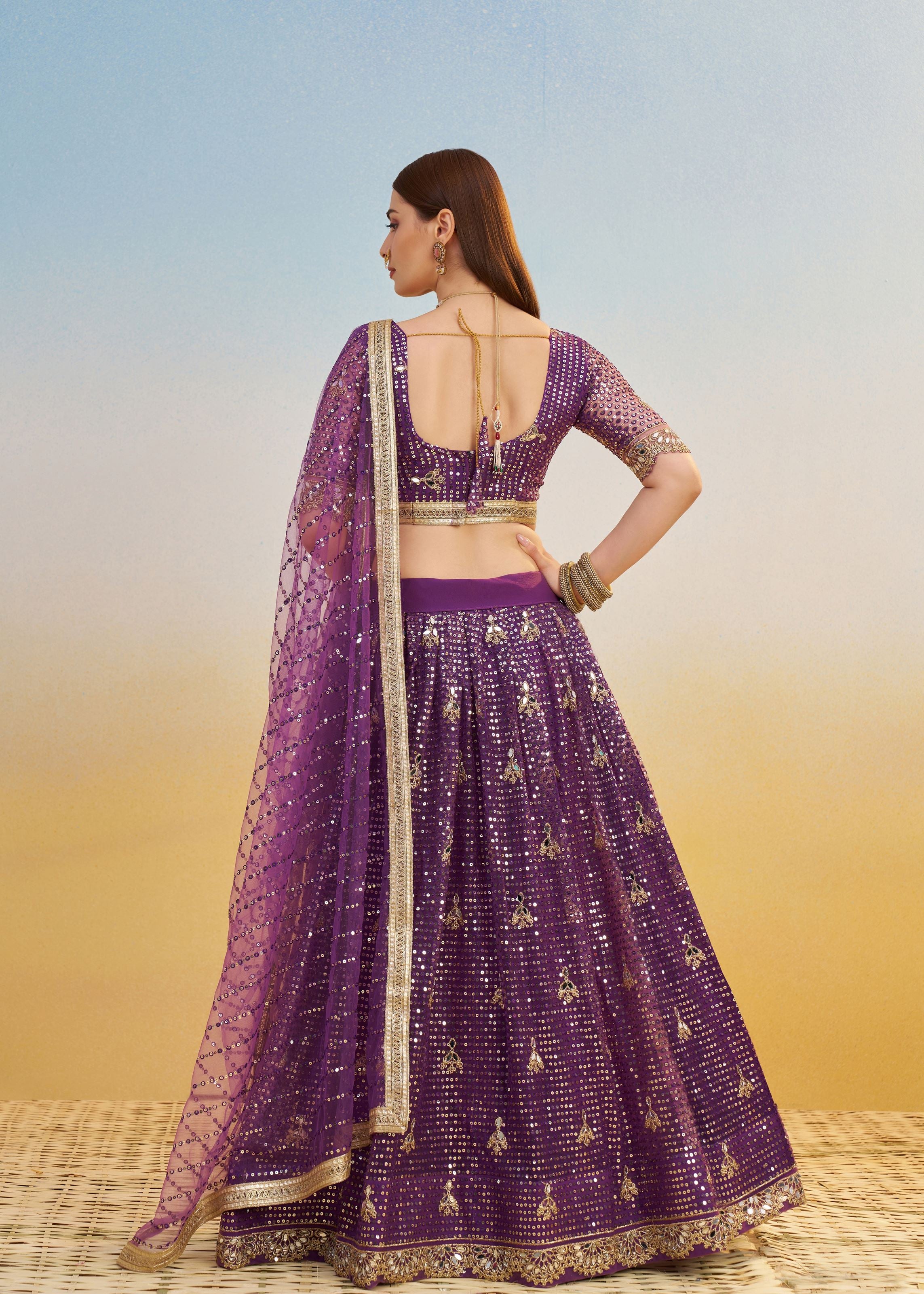 Dark Purple Lehenga Choli With Tone To Tone Thread Work Zari Work and Sequence Work Embroidery With Readymade Fancy Lace