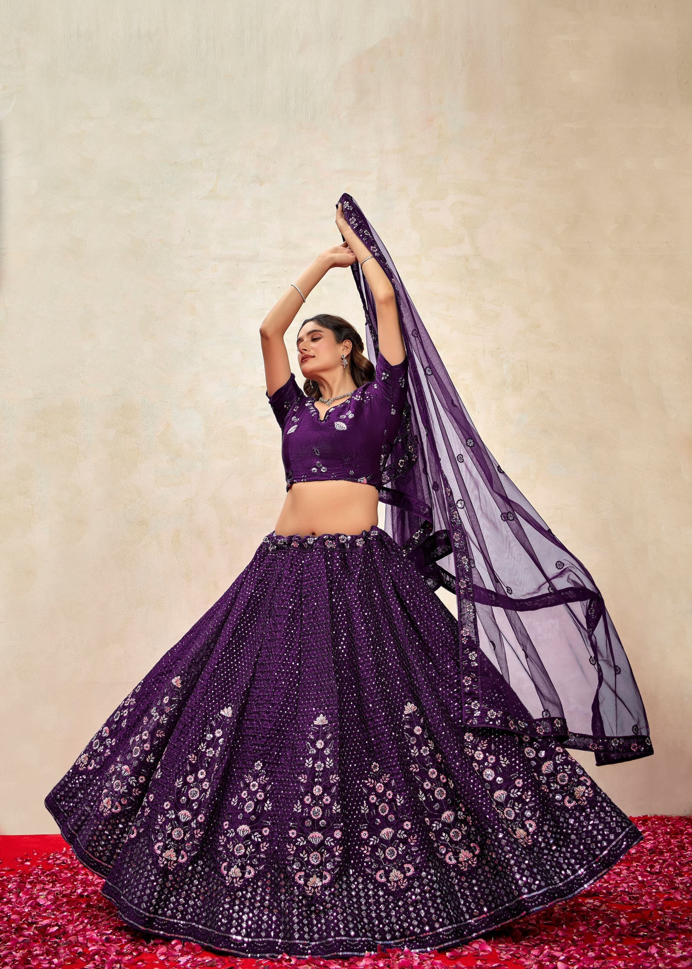 Deep Violet Silk Lehenga with Allover Sequin Embroidery