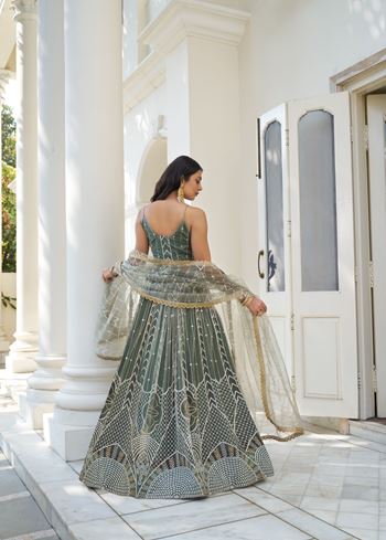 DustyGreen Butterfly Net Lehenga Choli With Designer Thread Work, Zari Work And Sequence Work