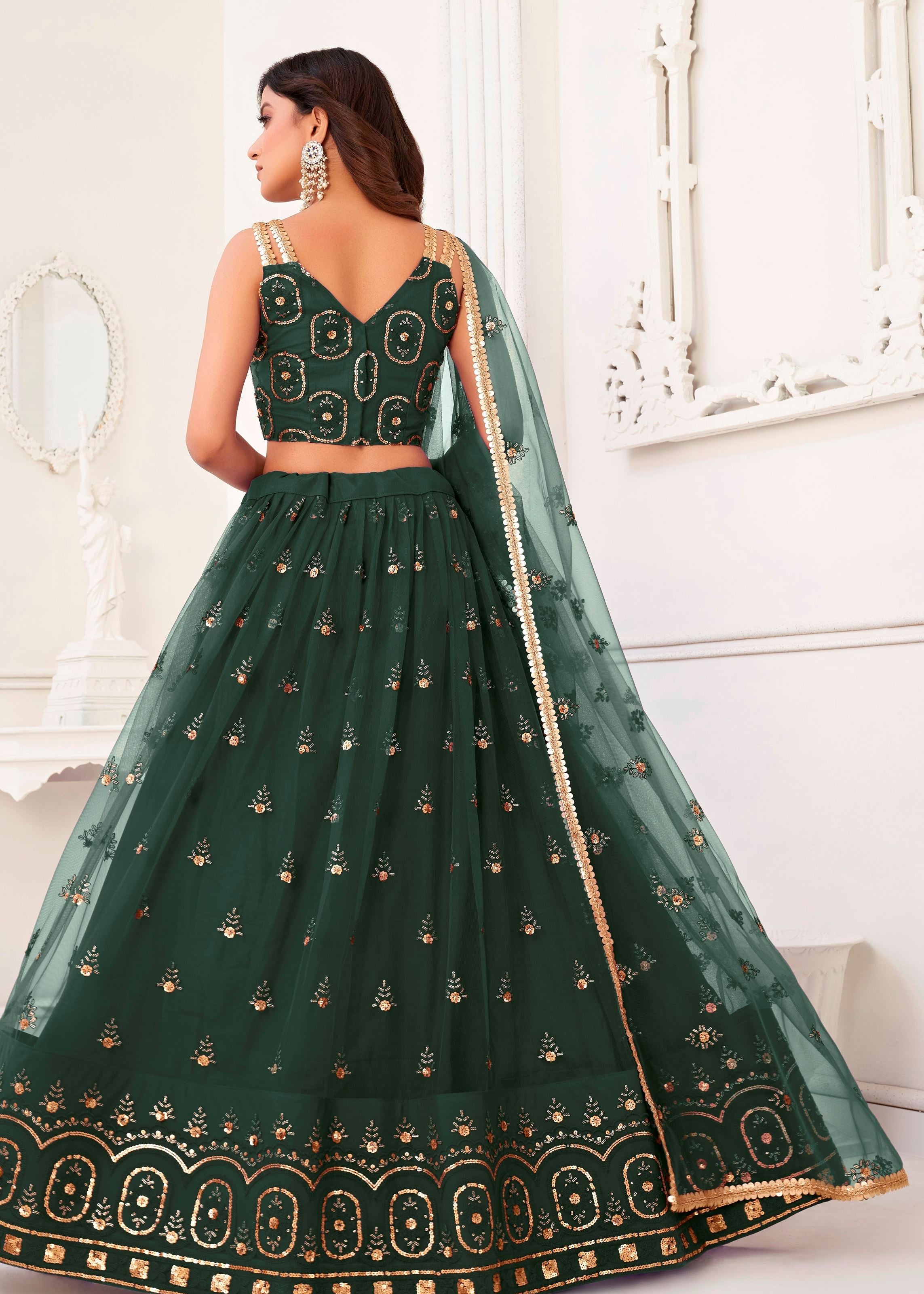 Green Butterfly Net Lehenga Choli With  Thread And Zari Sandwich Sequence Embroidery Work