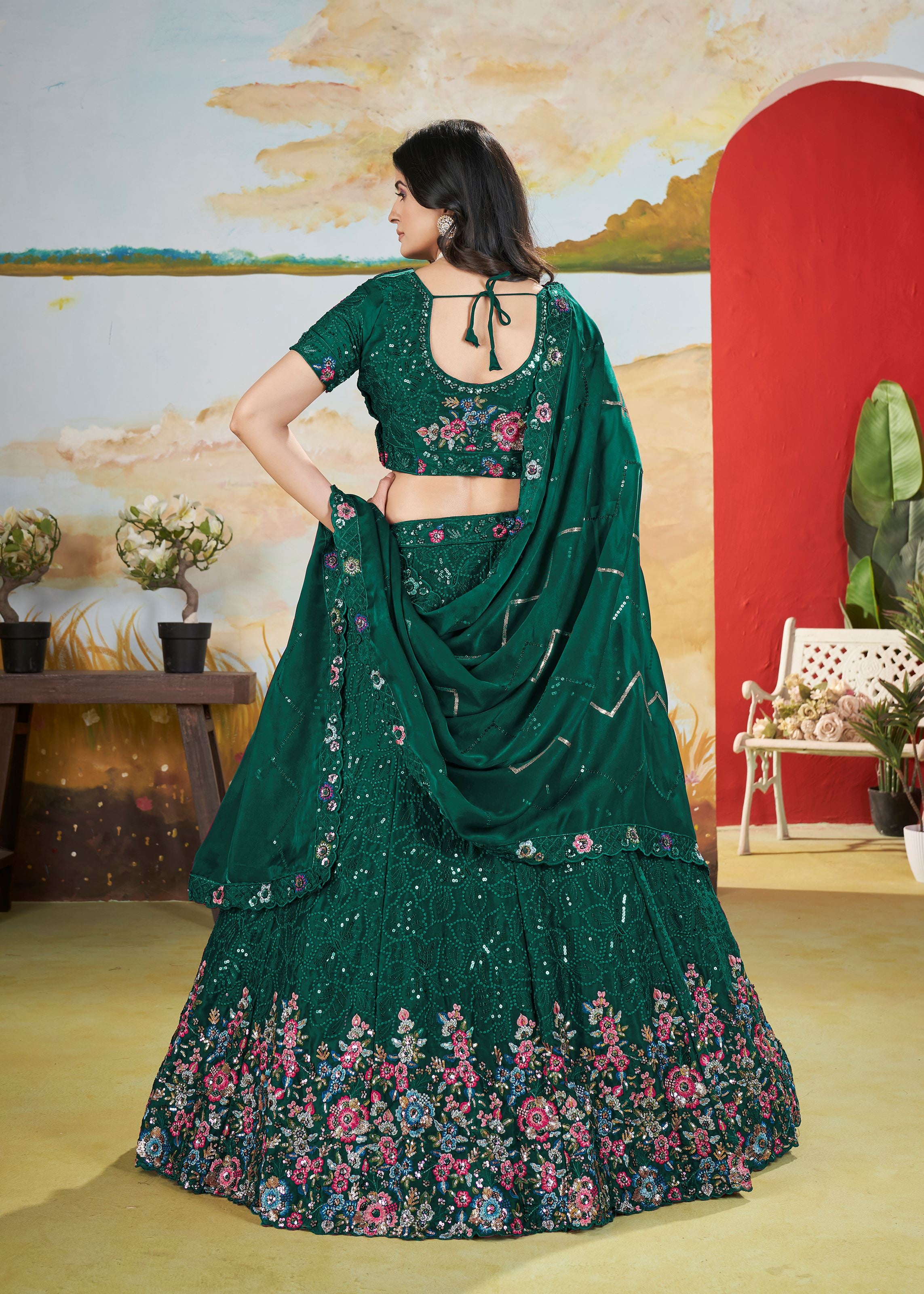 Green Chinnon Lehenga with Fancy Thread  Copper Sequins