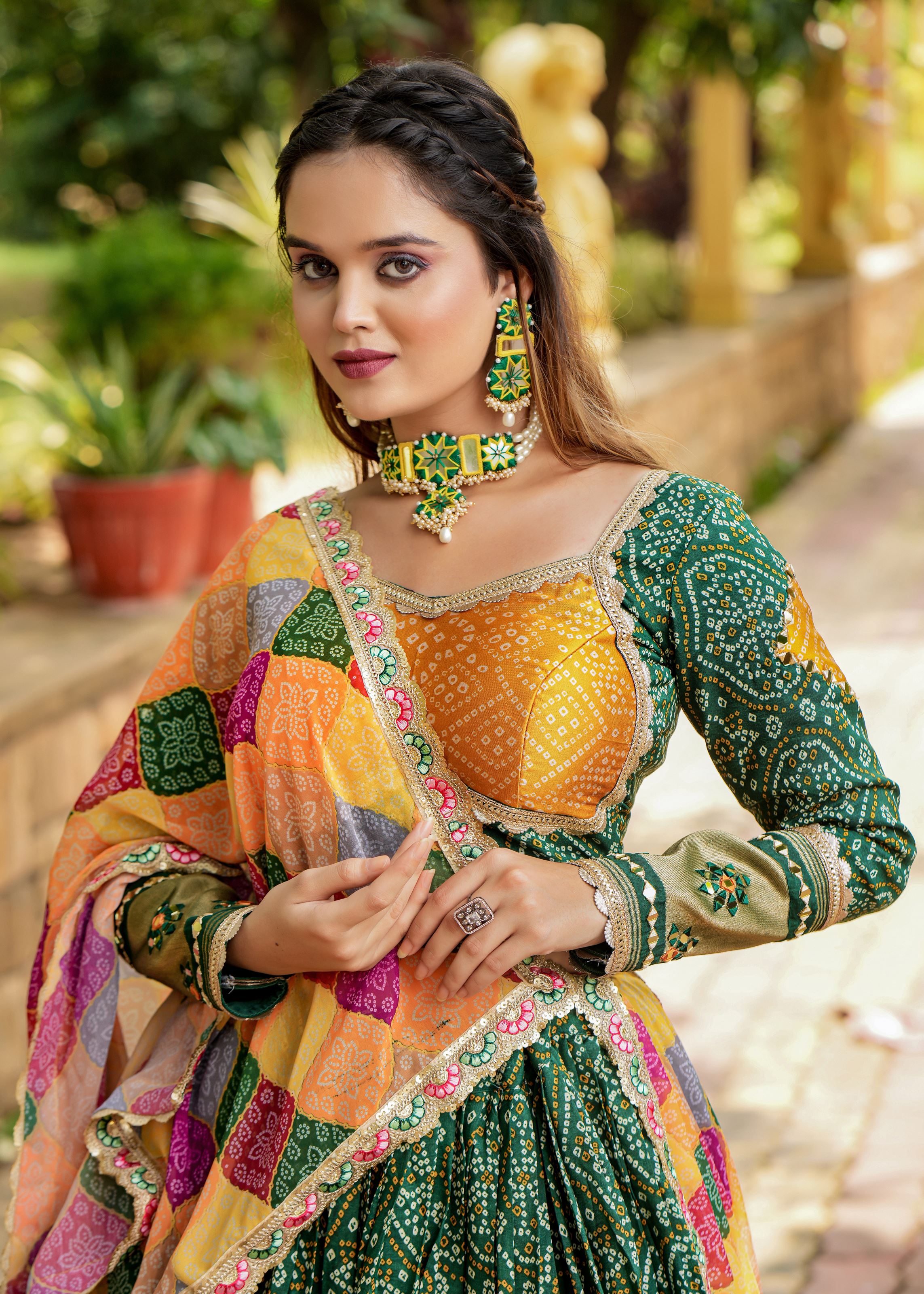 Green Lehenga Choli With Heavy Discharge Print Heavy Embroidery Thread  Sequins Work