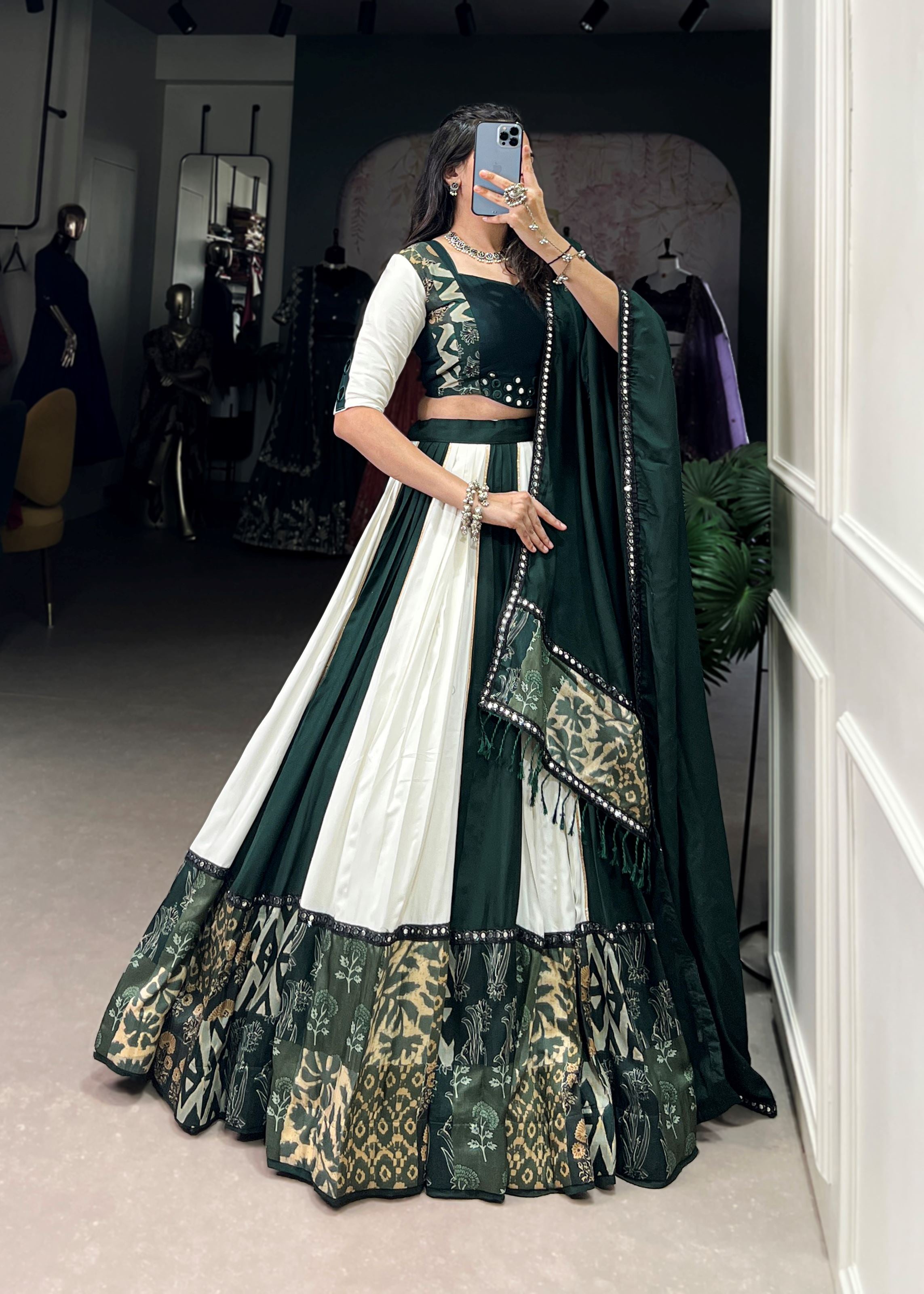 Green Cotton Lehenga Choli with Printed Grace & Cowrie Lace Beauty