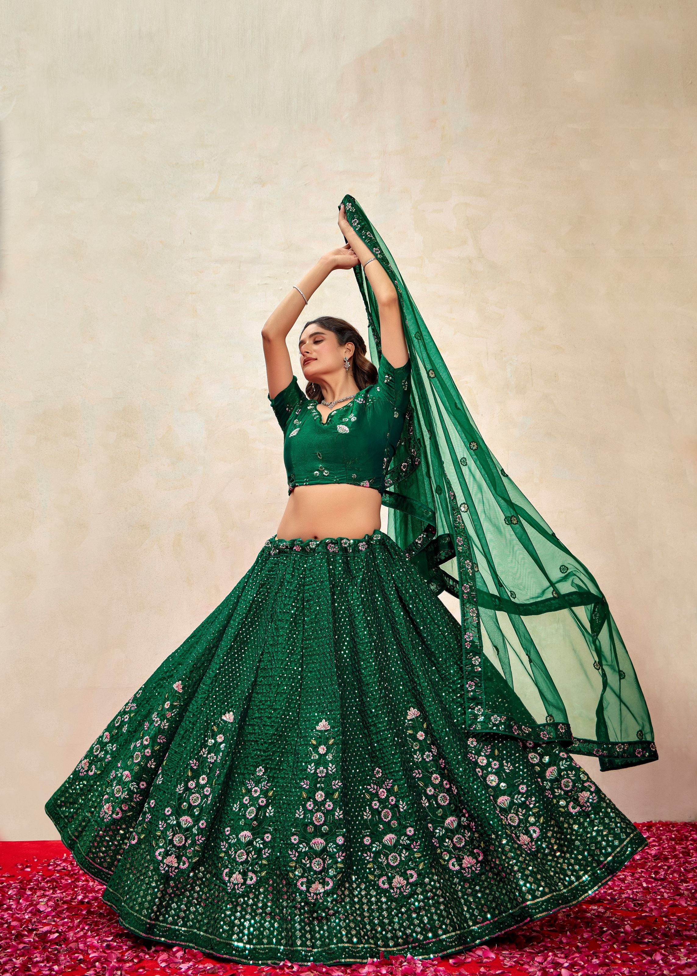Green Silk Blend Lehenga with Modern Sequence Work