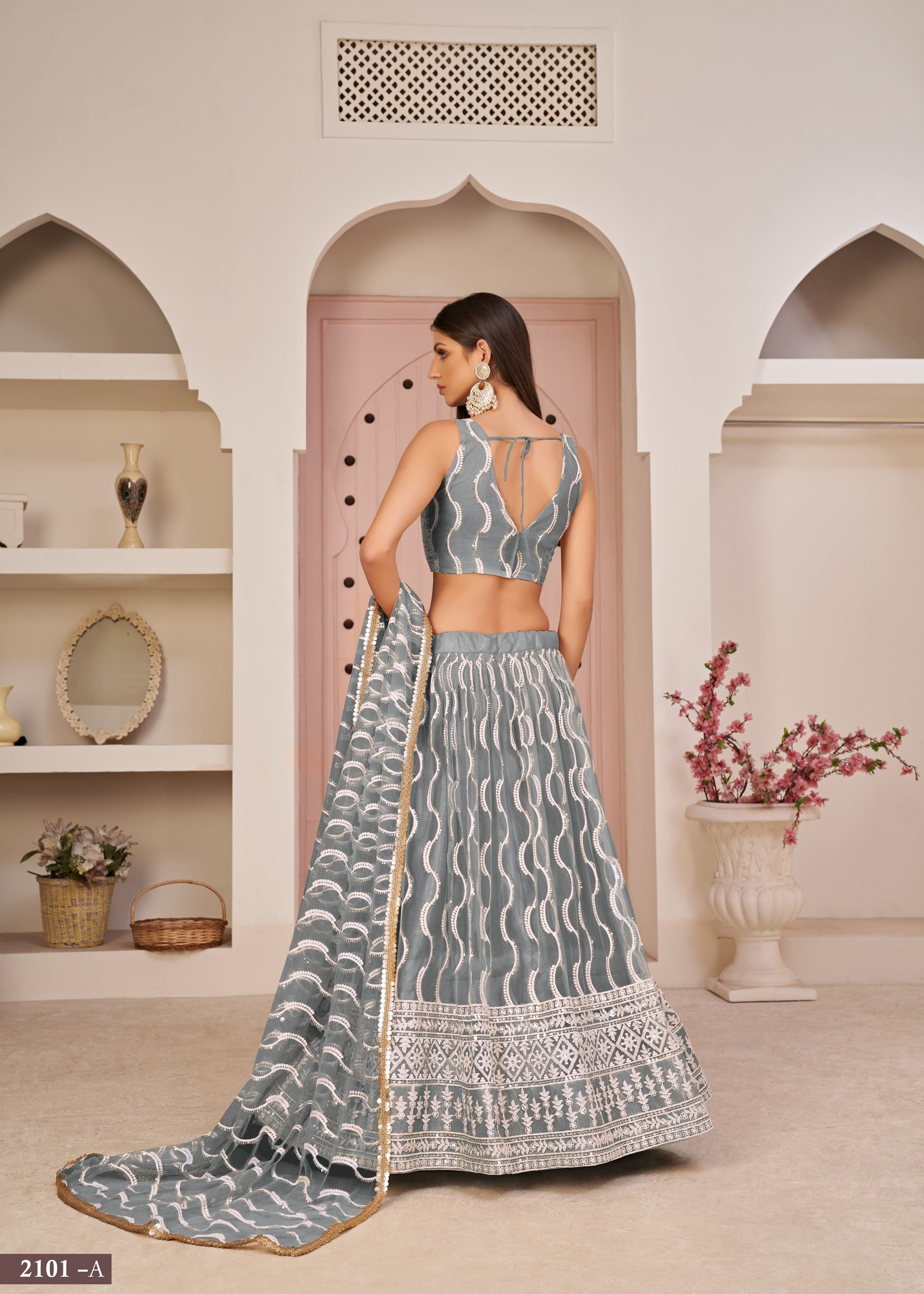 Grey Net Lehenga Choli With Thread Embroidery Work