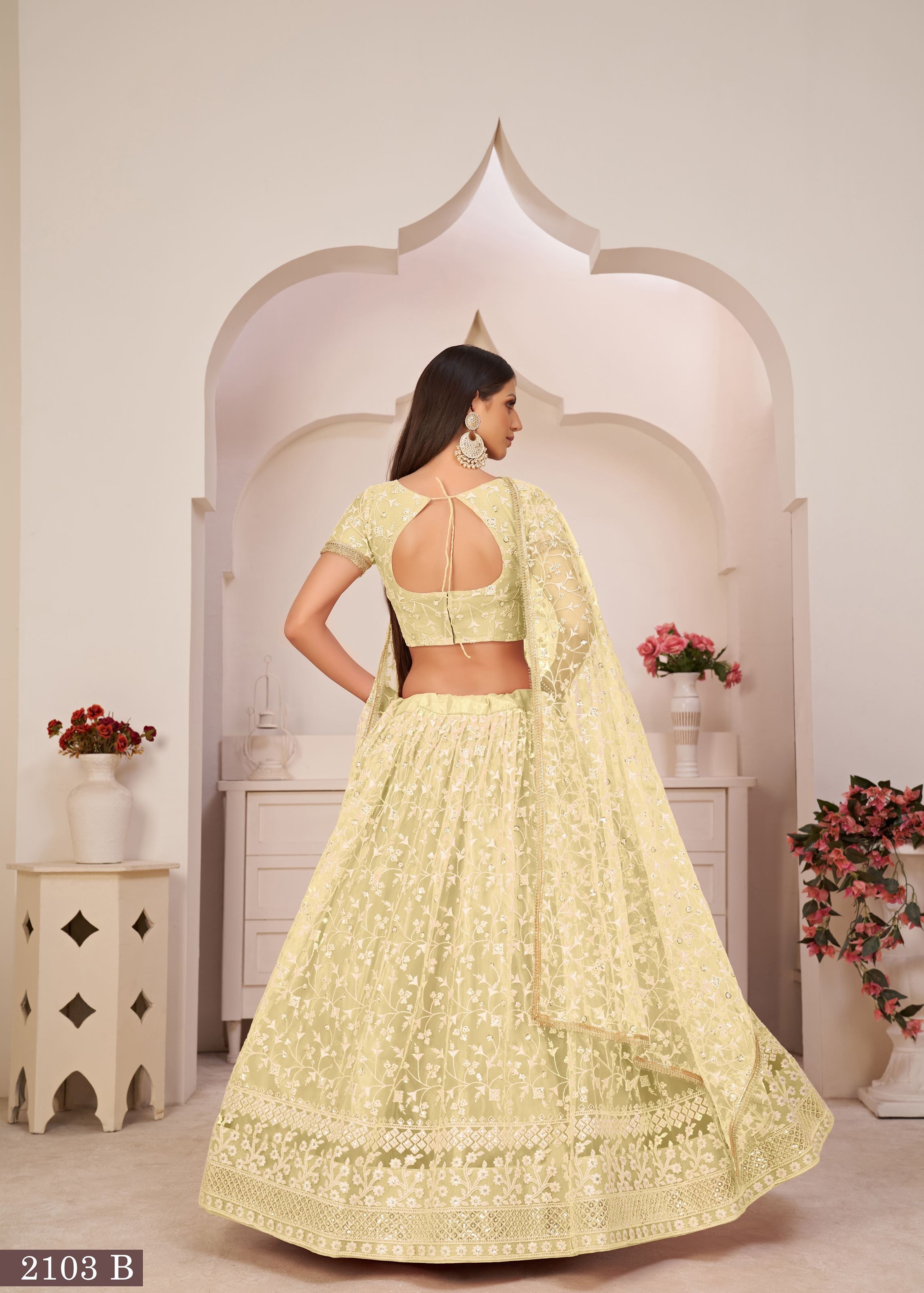 Lemon Yellow Net Lehenga Choli With Thread And Zari Sandwich Sequence Embroidery Work