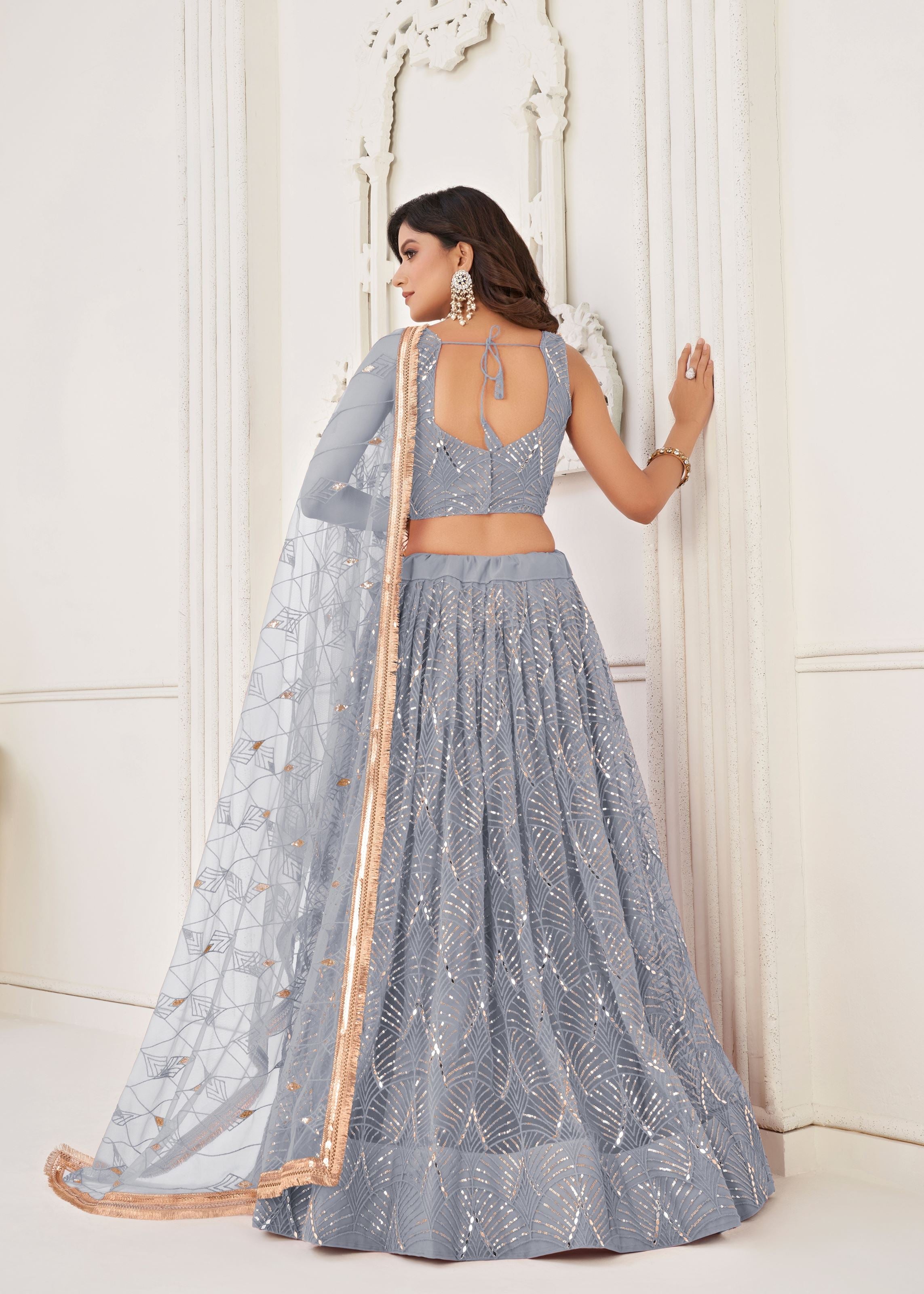 Light Grey Net Lehenga Choli With Thread Embroidery Real Mirror Work