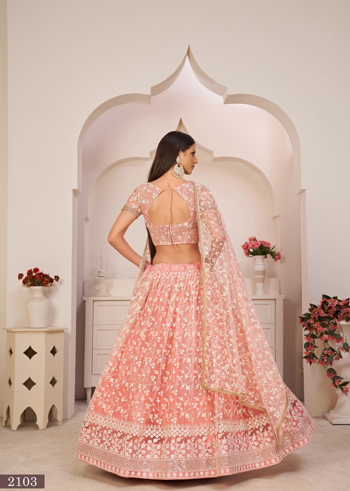 LightPink Net Lehenga Choli With Thread And Zari Sandwich Sequence Embroidery Work