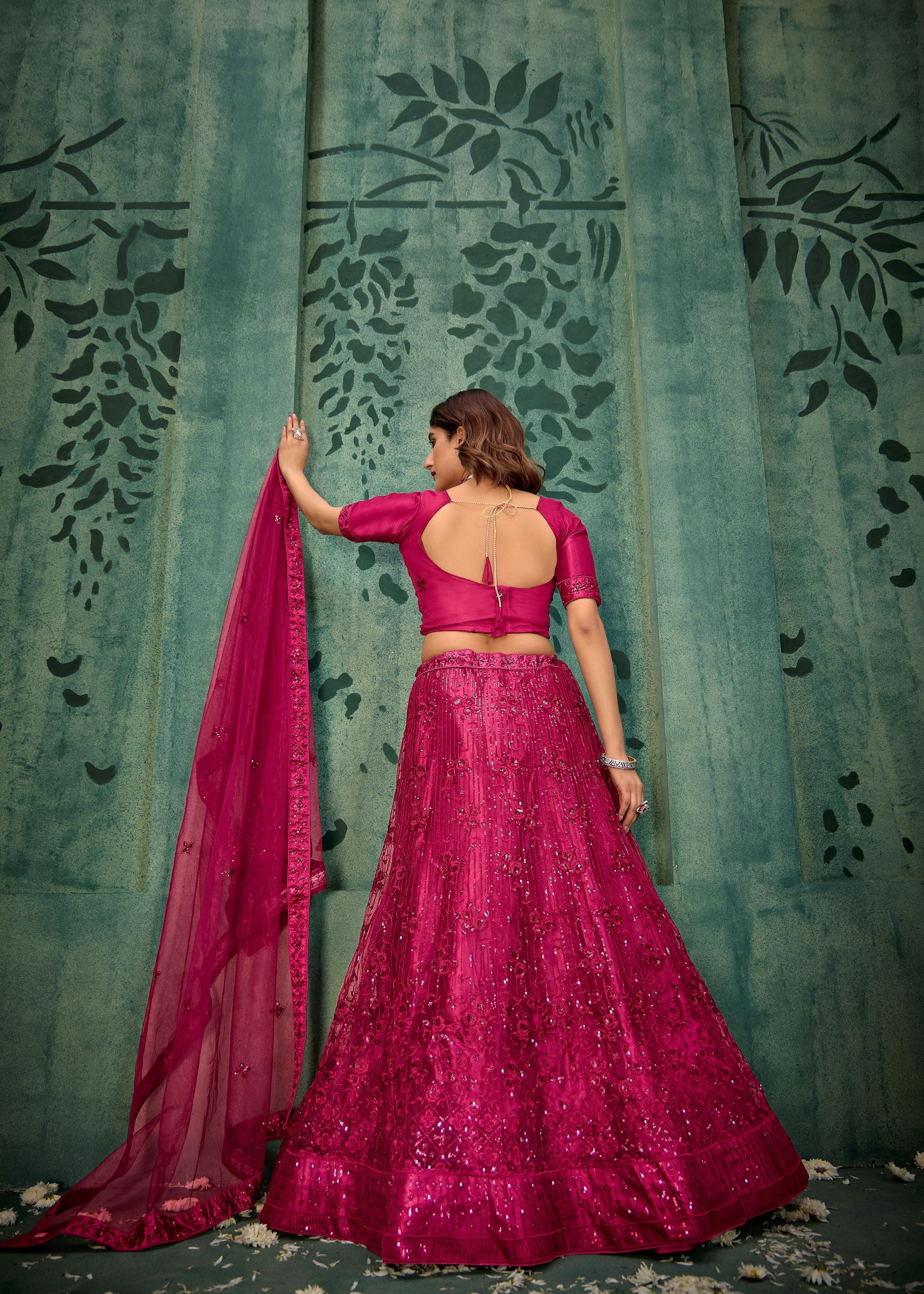 Magenta Pink Net Lehenga with Contemporary Sequin Design