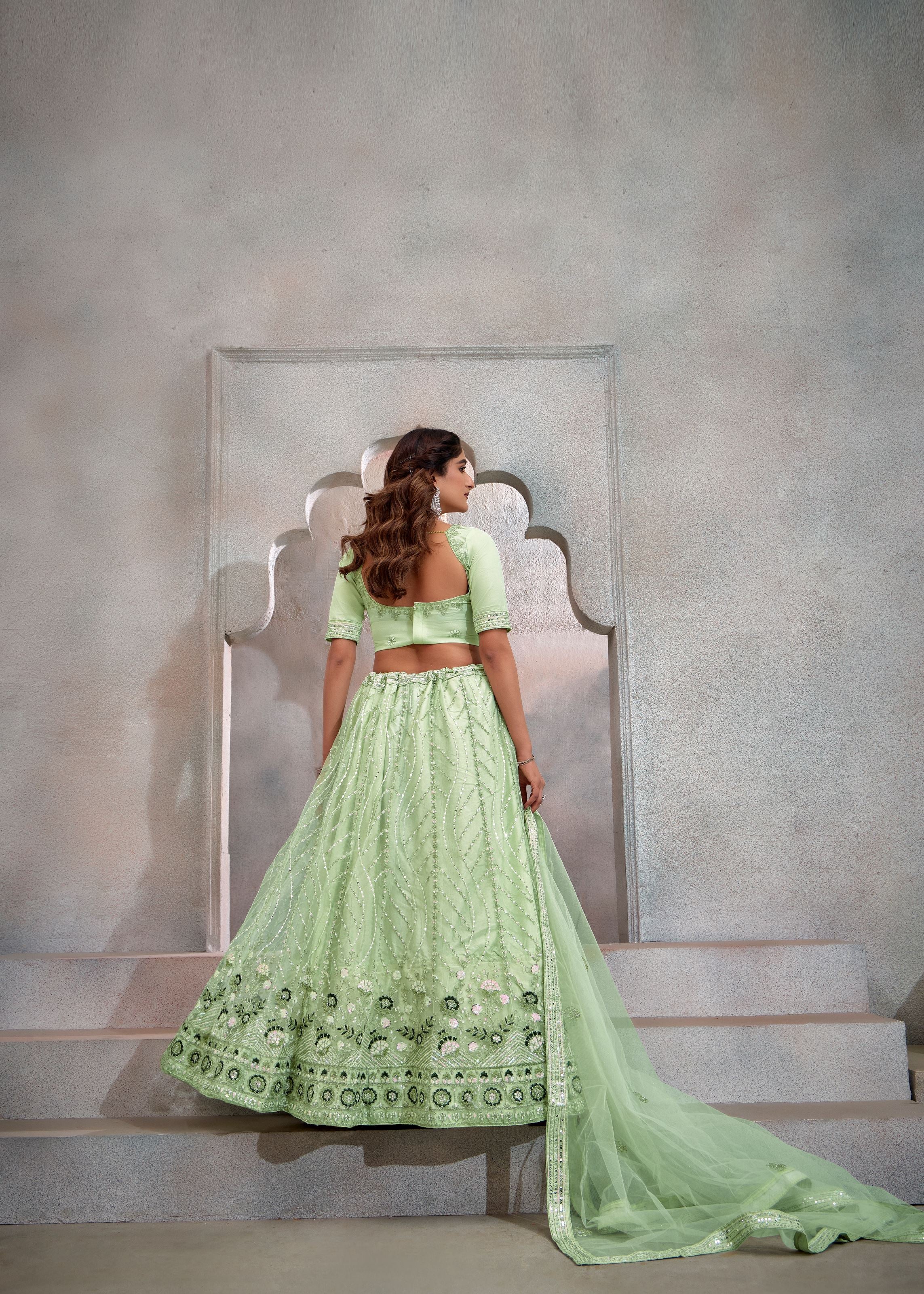 Mint Green Net Lehenga with Delicate Sequin Embroidery