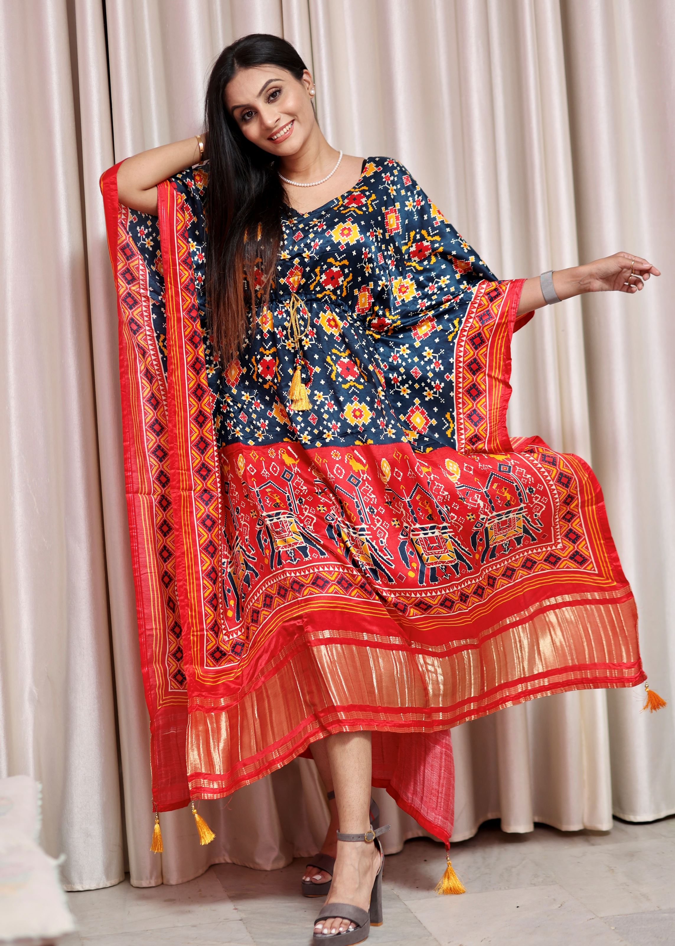 Multi Color Pure Gaji Silk Kaftan with Gotta Patti Tassels