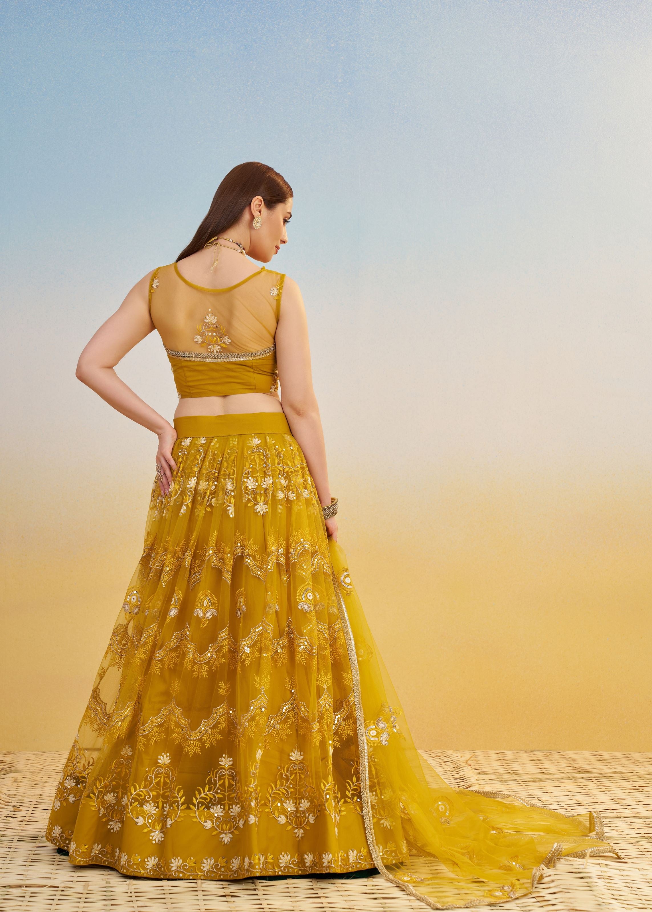 Mustard yellow Lehenga Choli With Tone To Tone Thread Work Zari Work and Sequence Work Embroidery With Readymade Fancy Lace