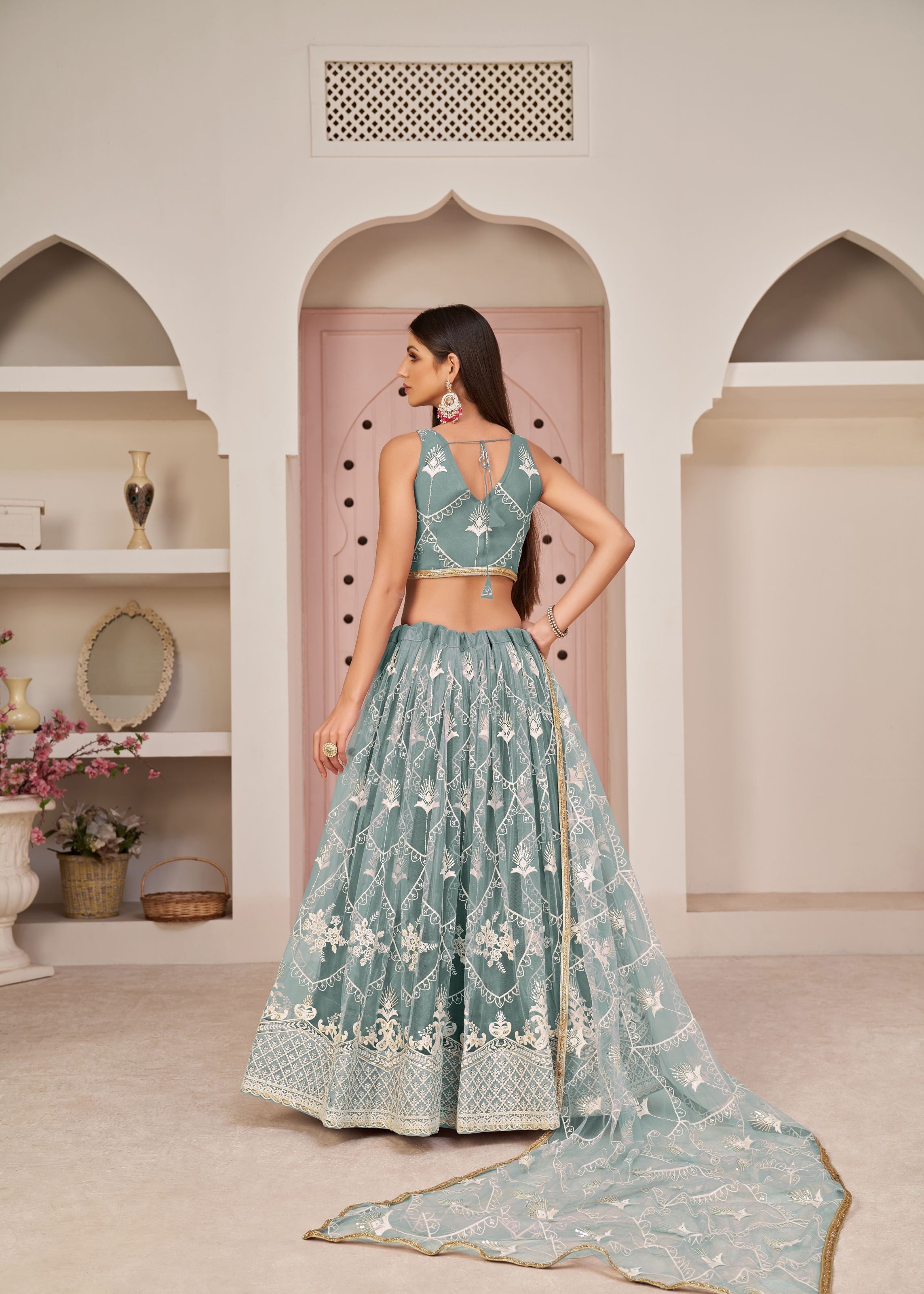 OceanBlue Net Lehenga Choli With Thread Embroidery Work